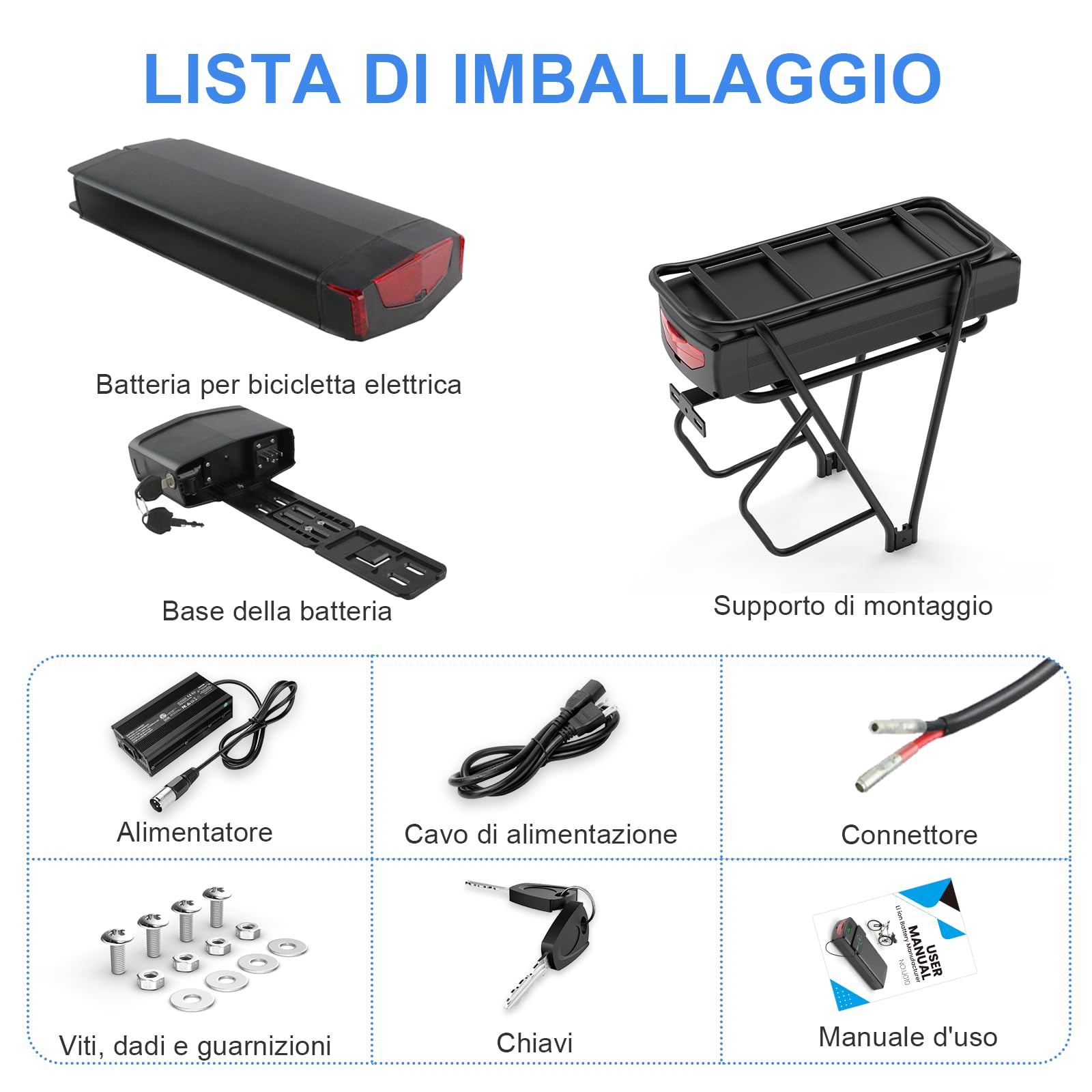 36V 15Ah Batteria Bici Elettrica con Portapacchi, Batterie per Biciclette Elettriche con BMS da 20A, caricabatterie rapido per ruote di conversione per e-bike Bafang e altre marche da 0 a 500W