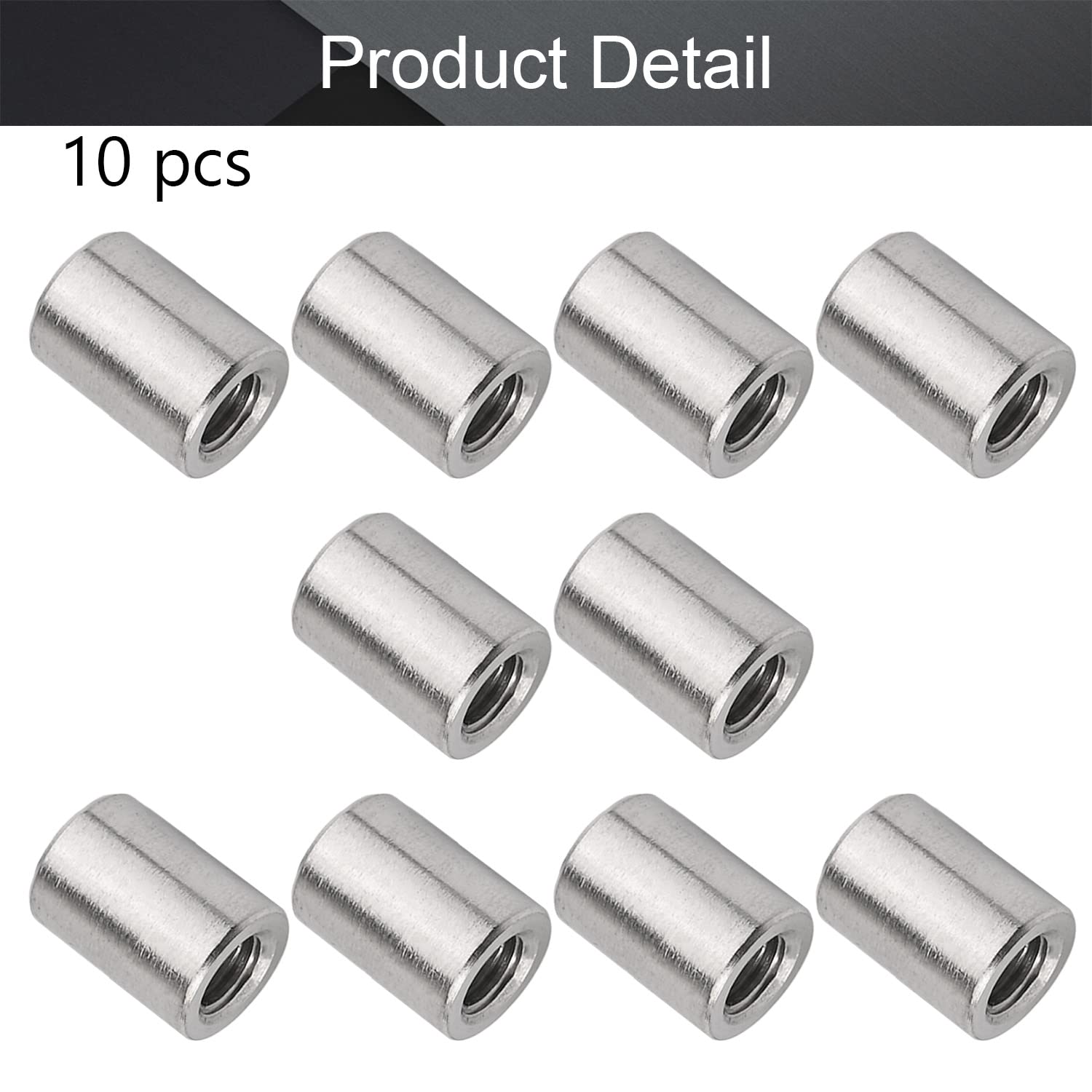 MroMax 10Pcs M6 Round Connector Nuts, 304 Stainless Steel Rod Coupling Nuts 15mm059 Length Female Thread For Camera Pan Lamp Bracket Glass Folding Dining Table Silver