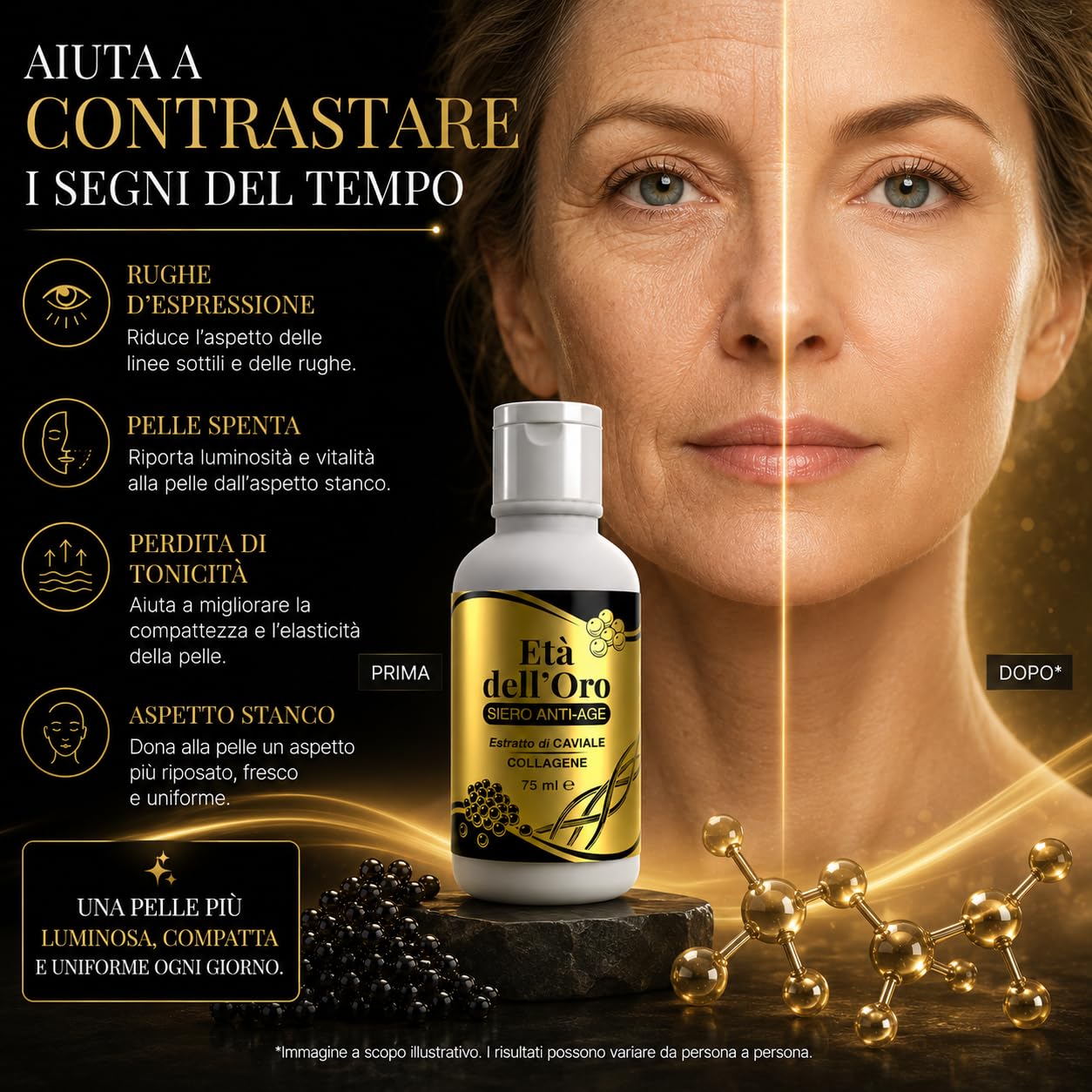 Età dell'Oro Crema Viso Antiage Oro Colloidale Caviale Collagene 225 ml | Oro colloidale, Estratto di caviale, Collagene marino, Acido ialuronico, Idratante, Rassodante, Antiage, 225 ml