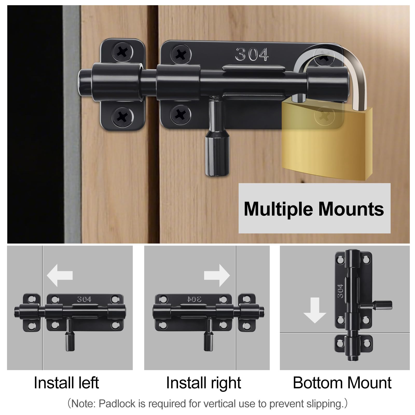 Chiavistello - Catenaccio Porta in Acciaio Inox - Serratura Scorrevole 4 Pollici - 2 Pezzi Con Viti e Foro per Lucchetto, Chiavistello per porta in legno, Serratura porta Per Porte, Finestre, Giardino