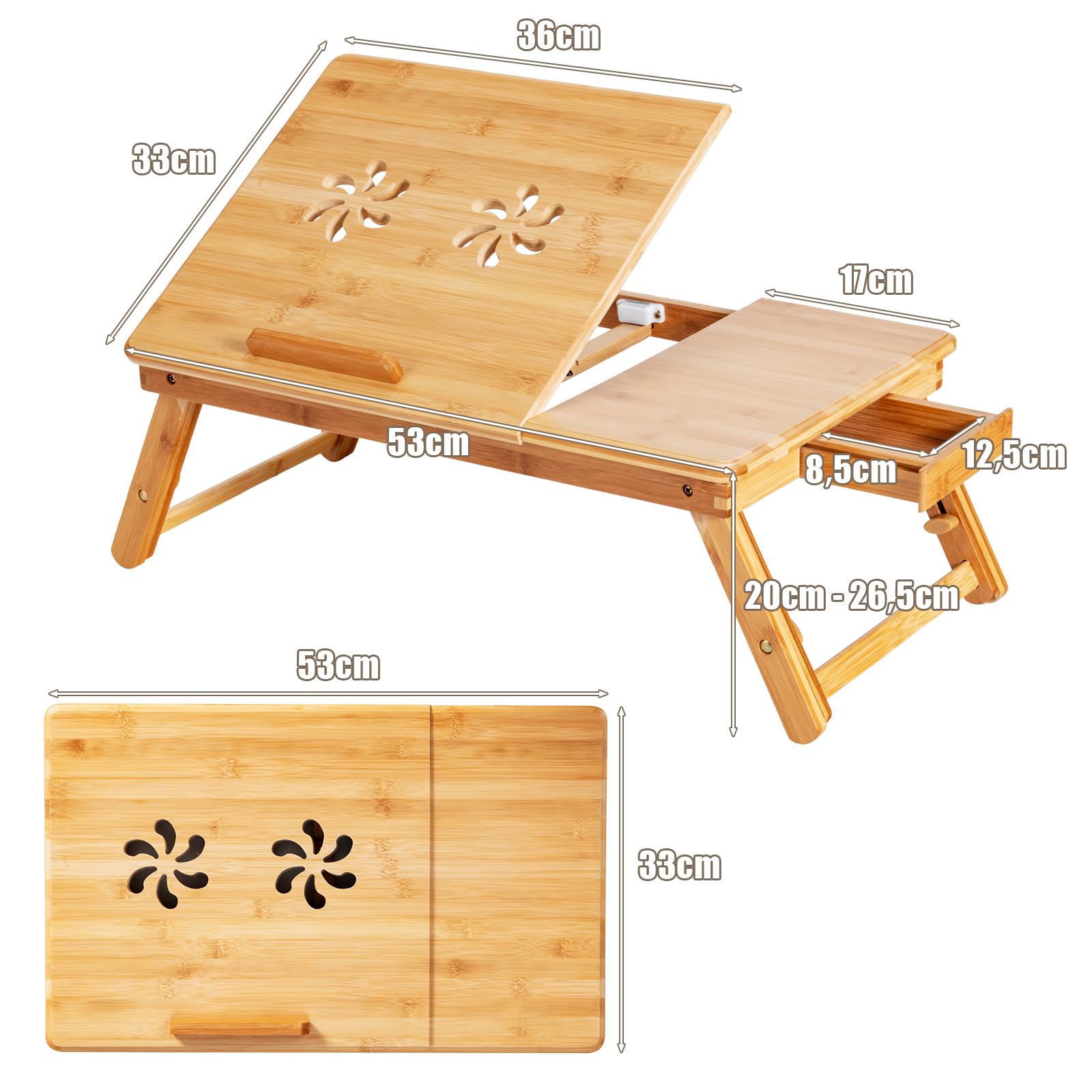 COSTWAY Table de Lit Pliable 53 x 33 cm, Plateau de Lit en Bambou avec Pieds Réglables et Plateau Inclinable, Support d'Ordinateur Portable avec Tiroir et Trous d'Aération (Naturel)