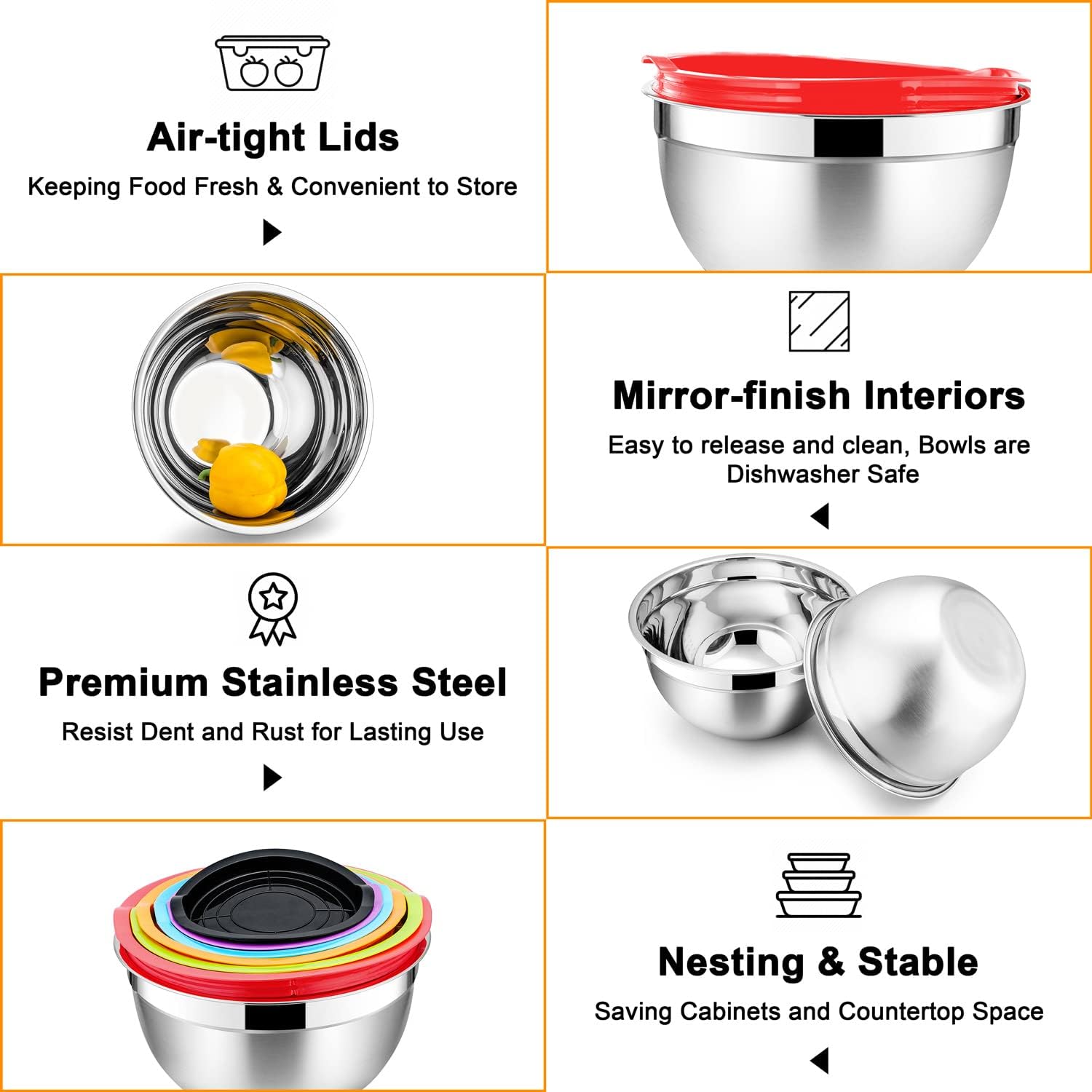 Walchoice Mixing Bowls with Lid Set of 6, Stainless Steel Metal Nesting Bowls for Cooking, Baking, Preparing, Serving, Size 4.5/3/2.5/1.5/1/0.7 QT - Multi-Color