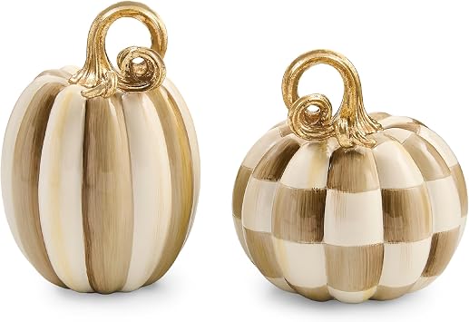 MACKENZIE-CHILDS Resin Pumpkins Set, Petite, Mocha Check and Stripe