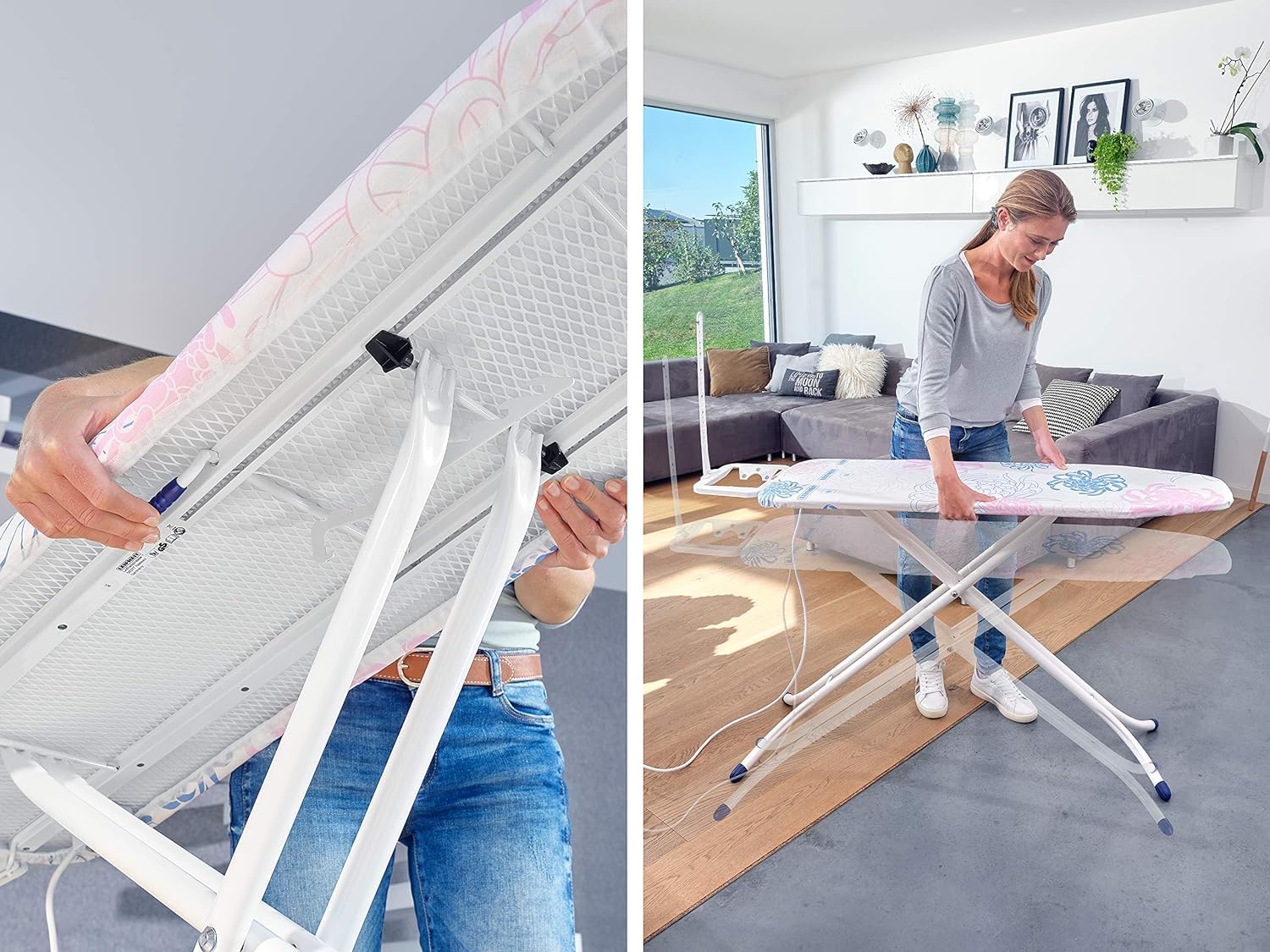Leifheit Bügelbrett Classic M Compact Plus, für Dampfbügeleisen geeignet, kompakter Bügeltisch mit dampfdurchlässiger Bügelfläche, Dampfbügelbrett mit Steckdose und Kabelhalterung