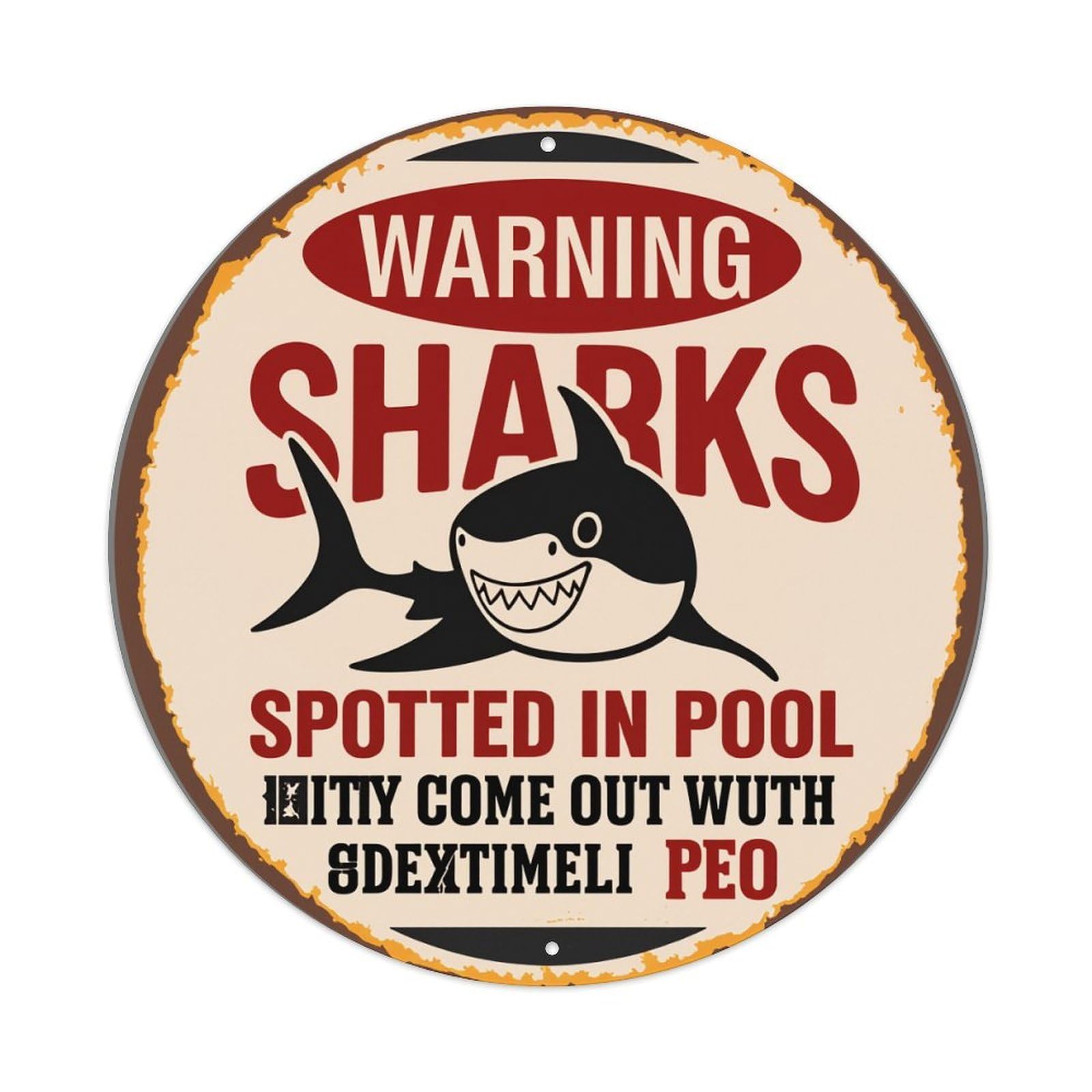 Warning Sharks Spotted In Pool Vintage Metal Tin Sign Retro Wall Decor for Home Bar Garage Cafe, Indoor & Outdoor Decorative，circle Metal Poster, 8x8 Inch