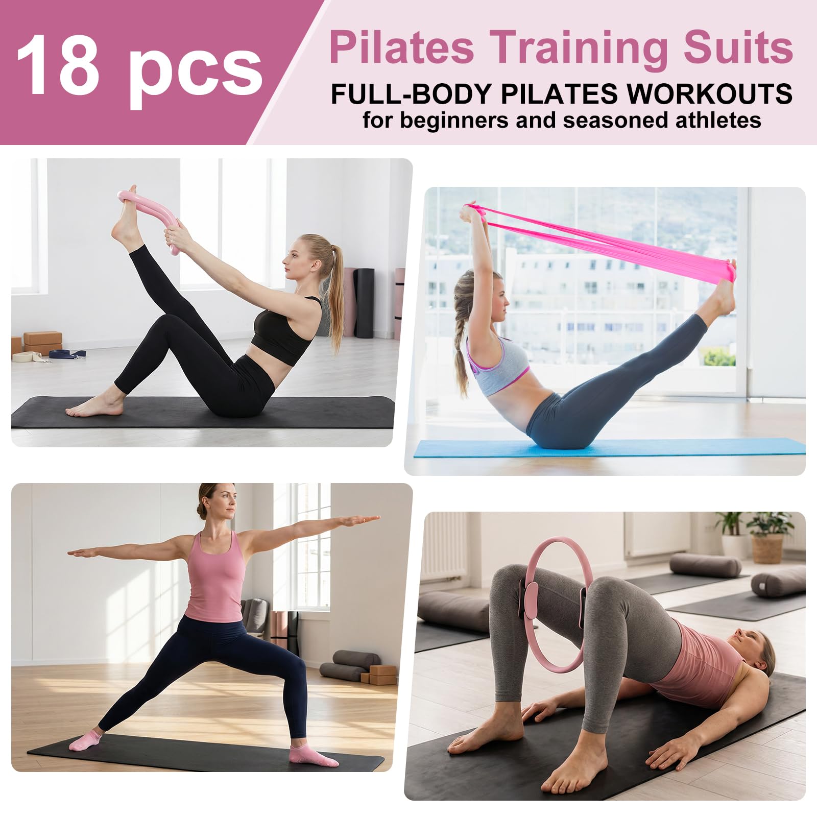 18Teiliges Pilates Set, Pilates-Ring, Yoga-Ball, Fitnessband, Spannungsring, Massageringund Tasche, passend für Home-Gym-Fitnessgeräte