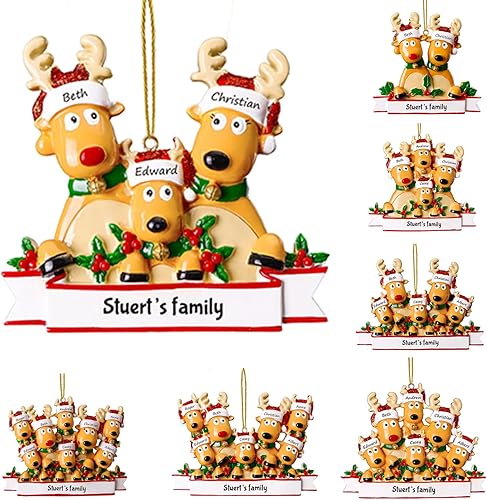 Adornos de Navidad personalizados de ciervo, familia de 2, 3, 4, 5, 6, 7, 8 Adorno de Navidad personalizable con nombre de reno, texto para árbol