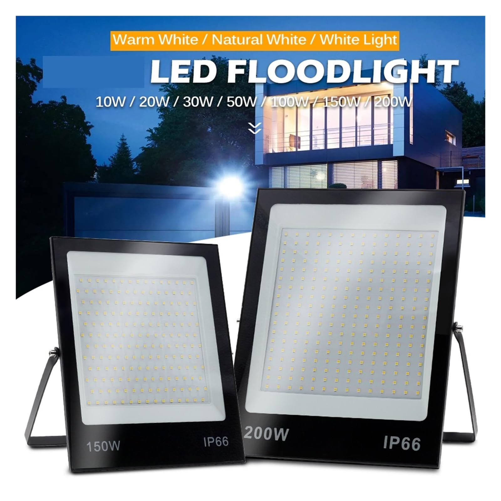 Naświetlacz LED, Światło Halogenowe LED 50W 100W 150W 200W Czarna Powłoka IP66 Wodoodporny Reflektor LED Garden Street Gate Reflektory Ścienne(Warm light,200W)