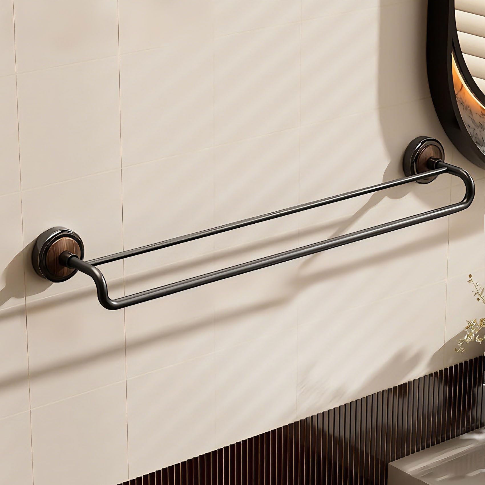 Double Pole No Drill Wall Mounted Towel Racks - Suction Cup Towel Bar for Bathroom Kitchen RV, Rustproof Stainless Steel Bathroom Hardware Set, Quick Setup Convenience(Matte black,60cm/23.6in)