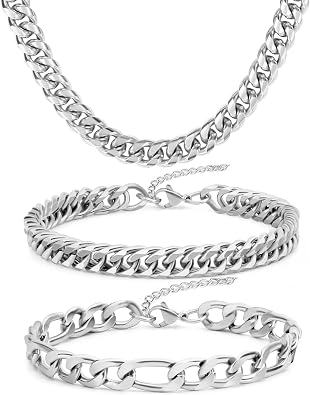 3PCS Cuban Link Figaro Bracelet Necklace for Men، Silver Gold Black Sturdy 316L Stainless Steel Cuban Link Figaro Chain with 2-inch Jewelry Set with Gift Message Card 8mm