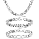 3PCS Cuban Link Figaro Bracelet Necklace for Men, Silver Gold Black Sturdy 316L Stainless Steel Cuban Link Figaro Chain with 2-inch Jewelry Set with Gift Message Card 8mm