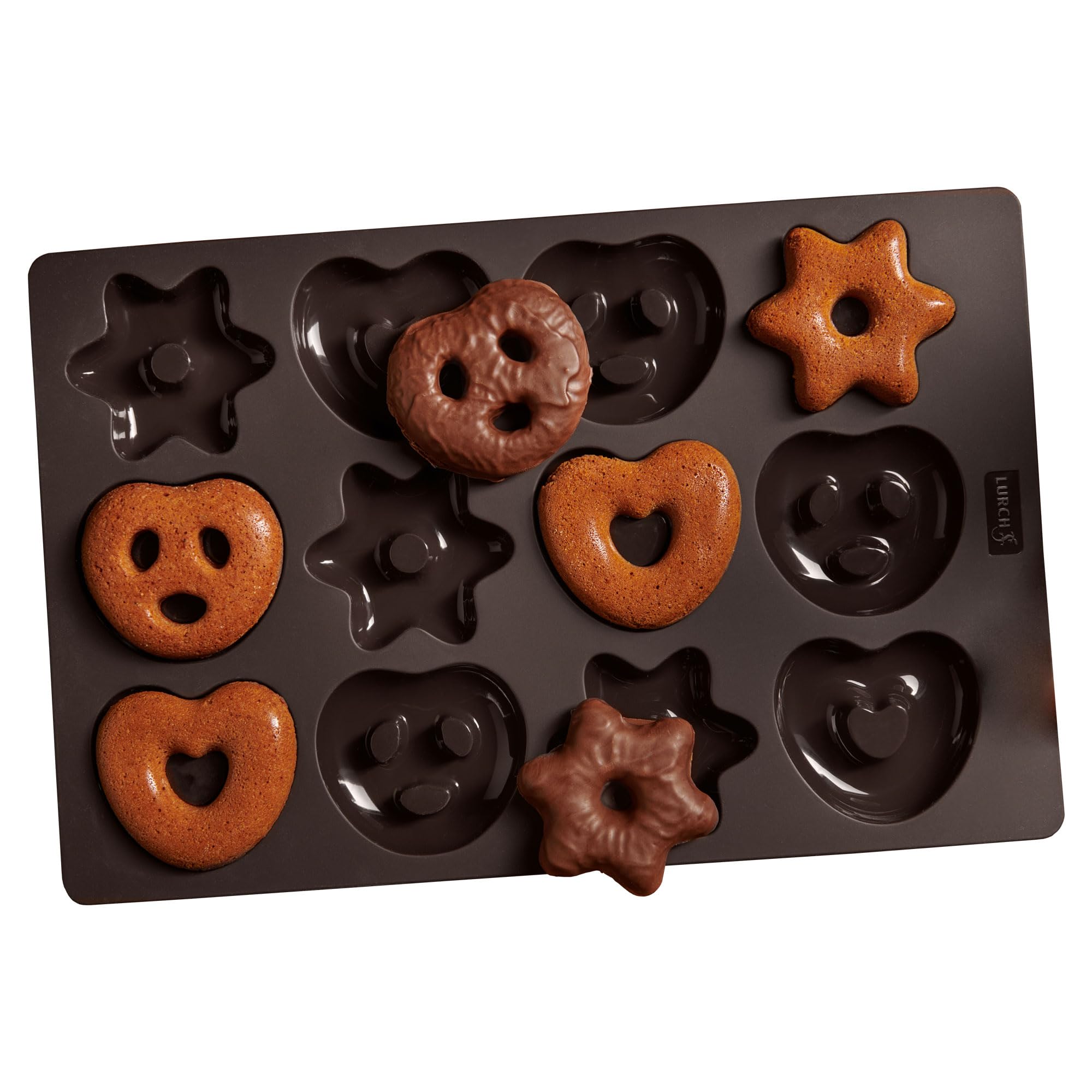 Lurch FlexiForm Baking Mould for Mini Gingerbread Pretzels, Hearts and Stars Premium Platinum Silicone 20 x 30 cm