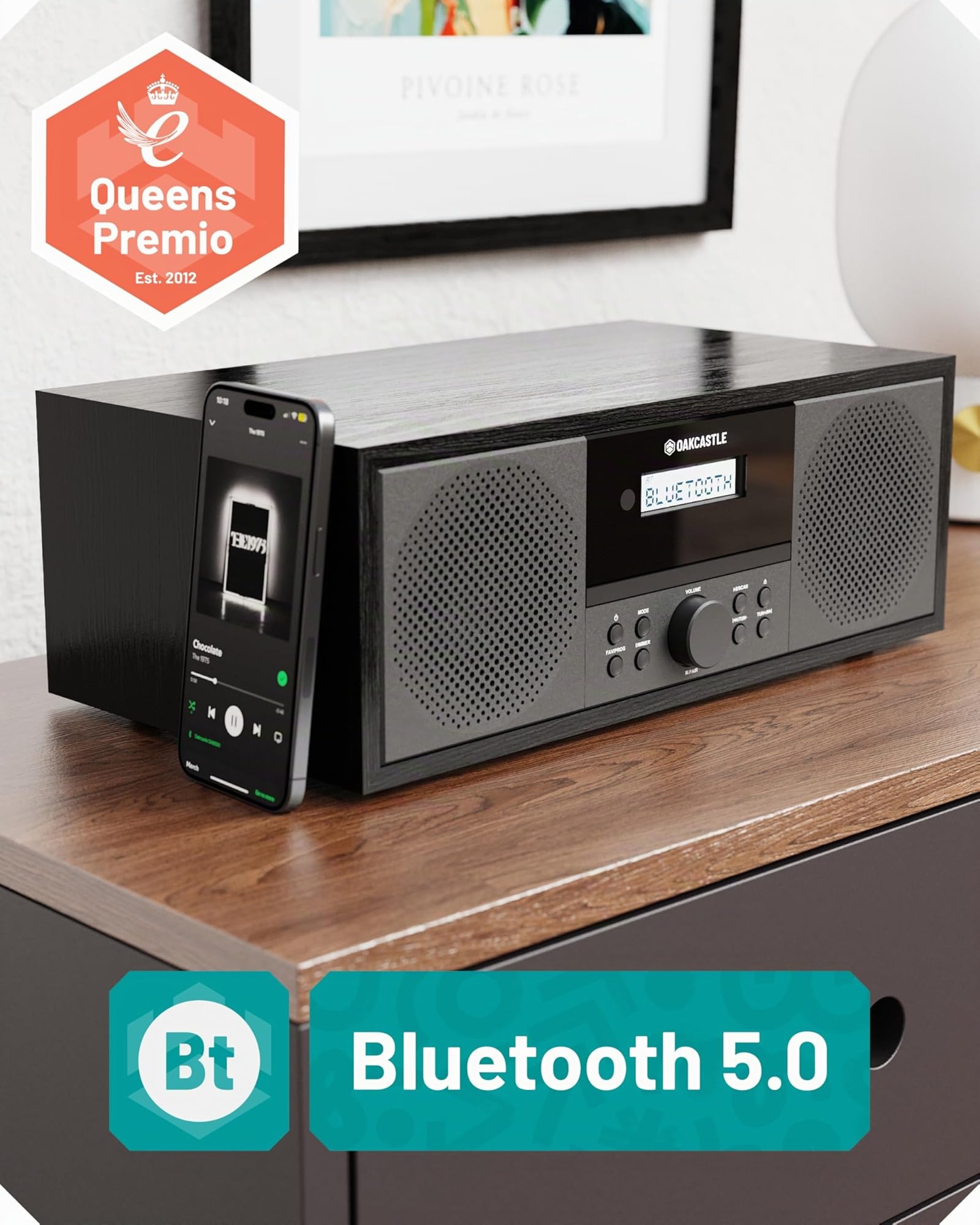 Impianto Stereo Casa 60W | Lettore CD HiFi con Doppio Allarme e 198 Preselezioni | Radio DAB+/FM con Display LCD | Bluetooth, USB, AUX, Telecomando e Altoparlanti Integrati | Oakcastle DAB500