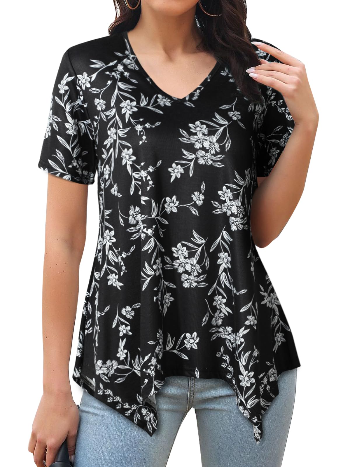 Zetieny Camisas Mujer Blusa de Manga Corta Tops con Cuello en V Casual Túnica Elegante T Shirt Estampada de Moda