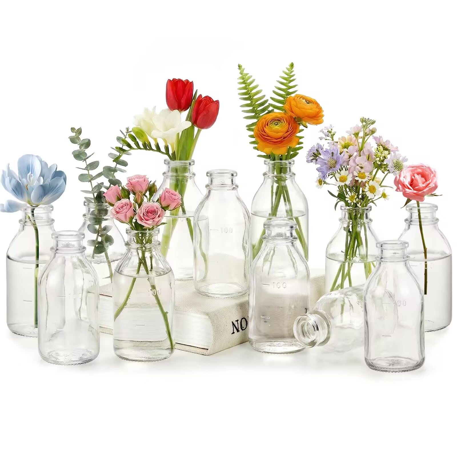 Okllen 12 Pcs Small Glass Bud Vases, Clear Milk Flower Bud Vases in Bulk Vintage Style Decorative Glass Bottles Floral Vase for Home & Table Decoration, Wedding Event, Party Reception
