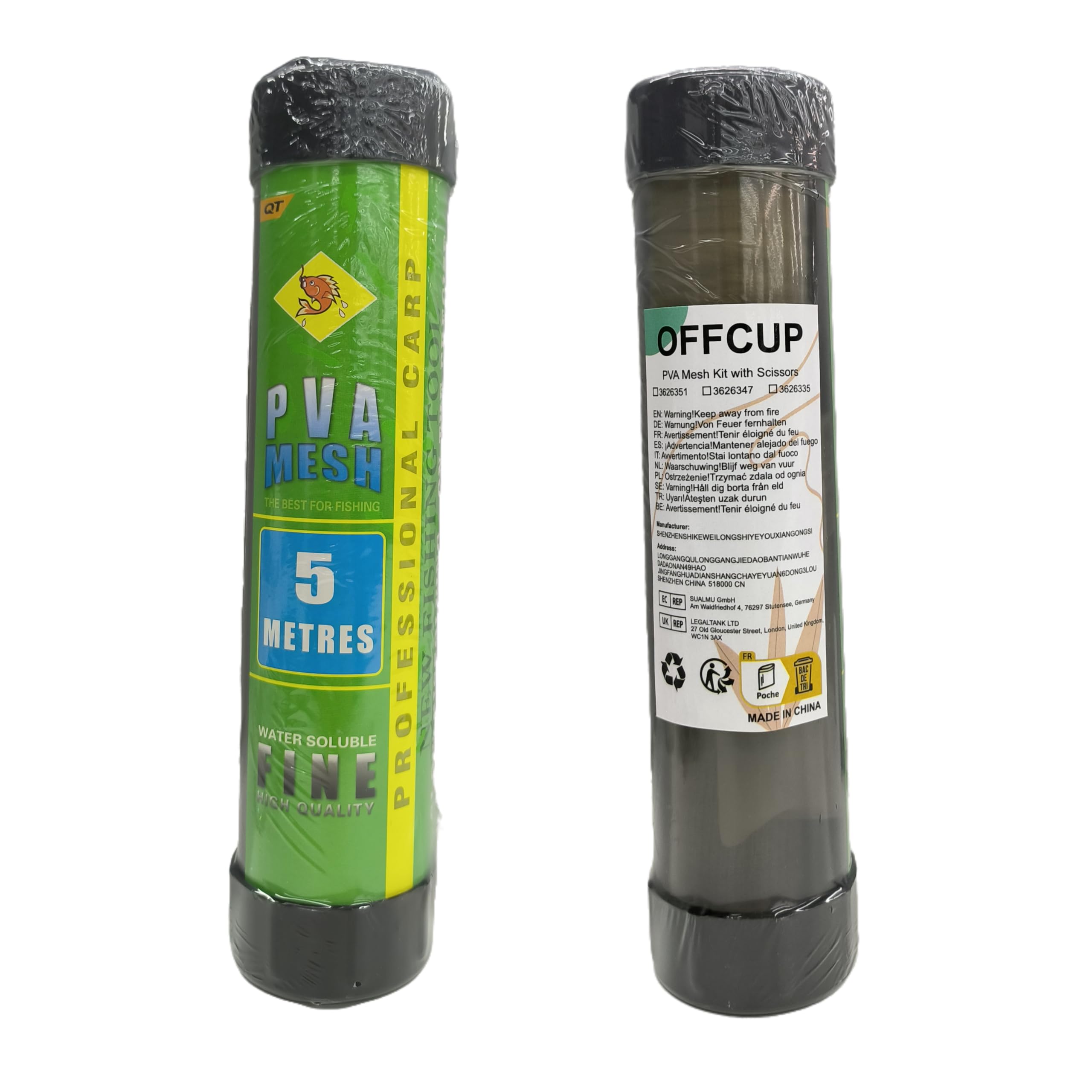 OFFCUP 5m Pêche Sacs Filet Bait avec Ciseaux, Filet de Pêche Soluble dans l'eau PVA,18mm 25mm 37 mm de Large, Accessoires de pêche à la Carpe Recharge avec Entonnoir et Piston Mesh pour Appâts