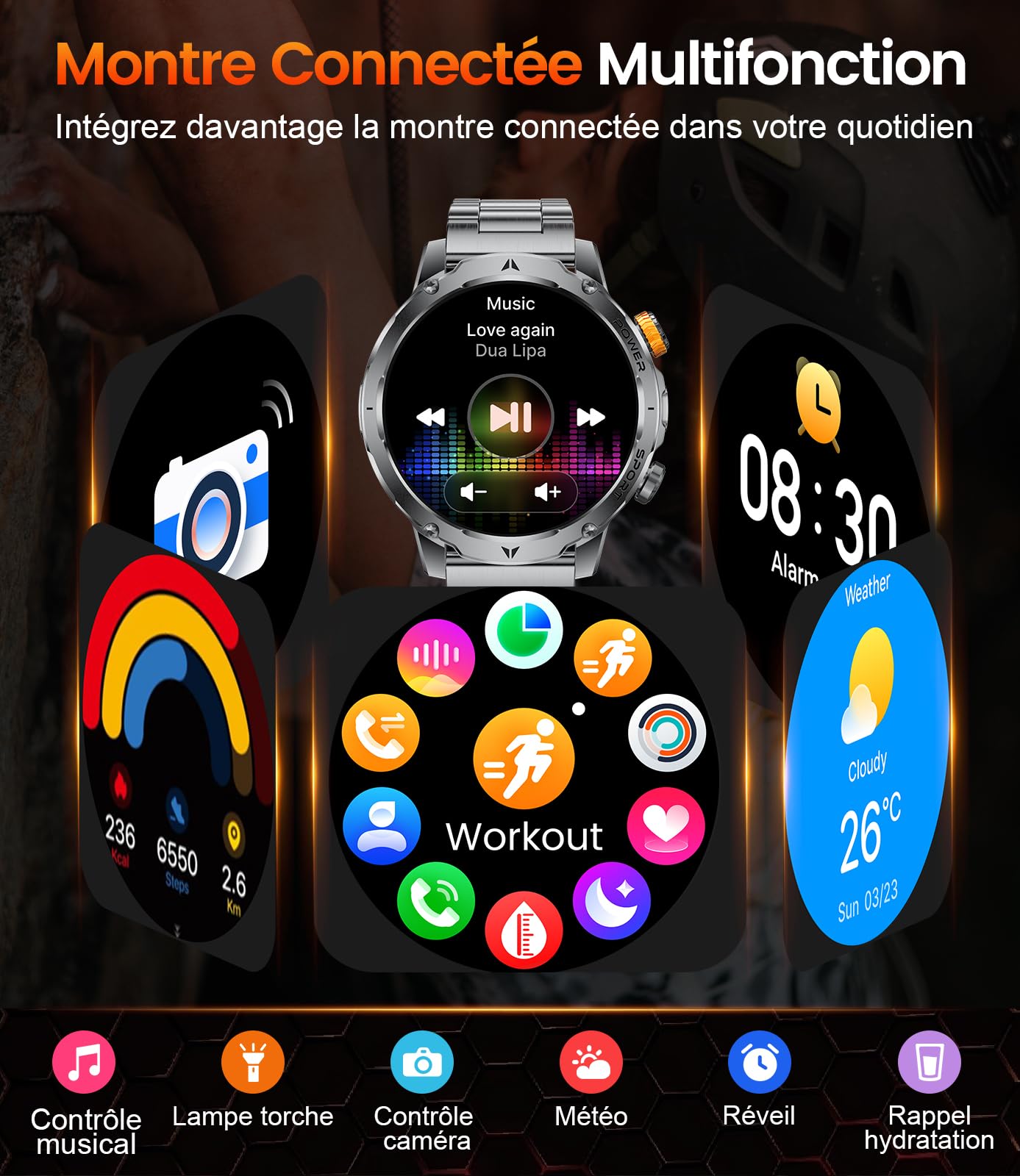EF24 Montre Connectée Homme Militaire avec Lampe Torche LED, Écran HD 1,85 Pouce, Batterie 1000mAh, 100 Modes Sportifs, IP68 Étanche, 3 Bracelets, Câble USB et Type-C, pour Android iOS (Noir)