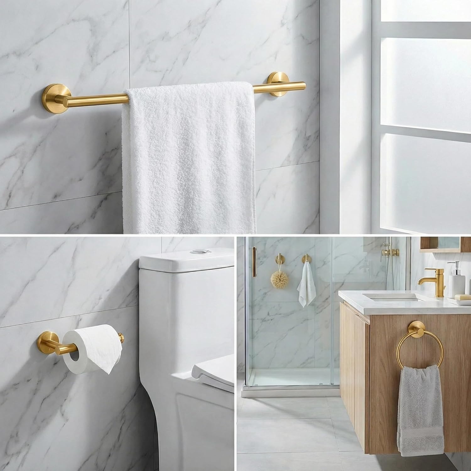 5-Piece Bathroom Hardware Set, Gold SUS304 Stainless Steel Bathroom Accessories Kit, Includes 24" Towel Bar, Toilet Paper Holder, Towel Ring & 2 Robe Hooks, Wall Mounted, Rustproof Modern Design
