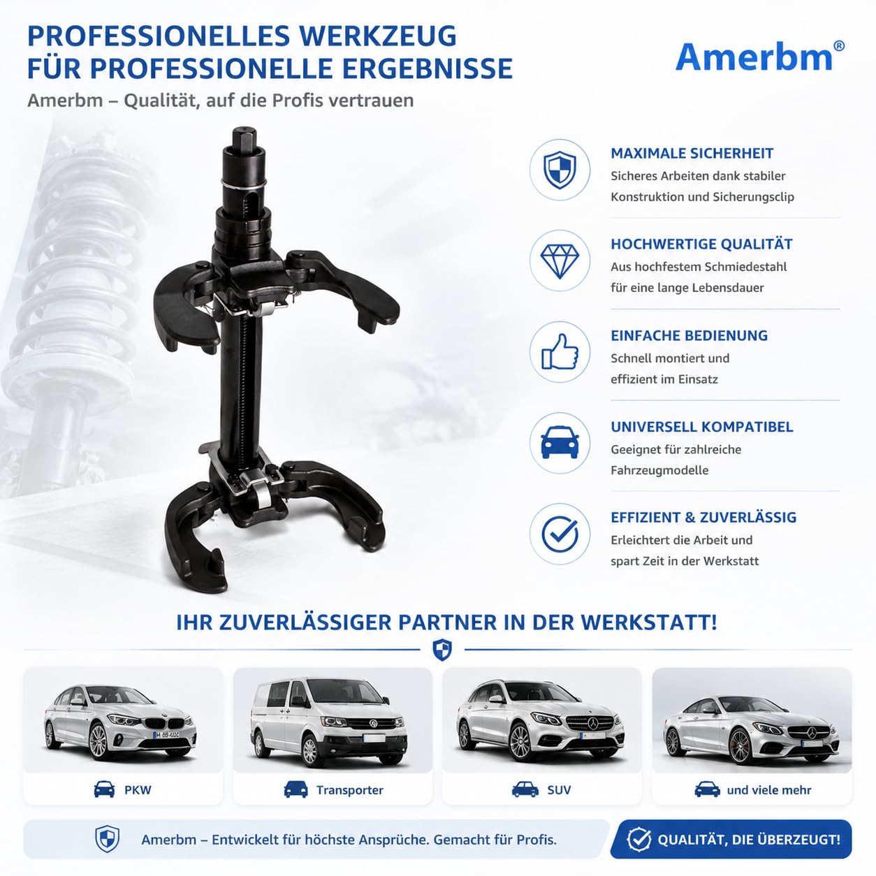 Profi McPherson Federspanner 2300kg – Universal Federbeinspanner Set für KFZ Stoßdämpfer & Fahrwerk – Sicher für Schraubstock – Kompatibel mit BMW, VW, Mercedes W211 W447