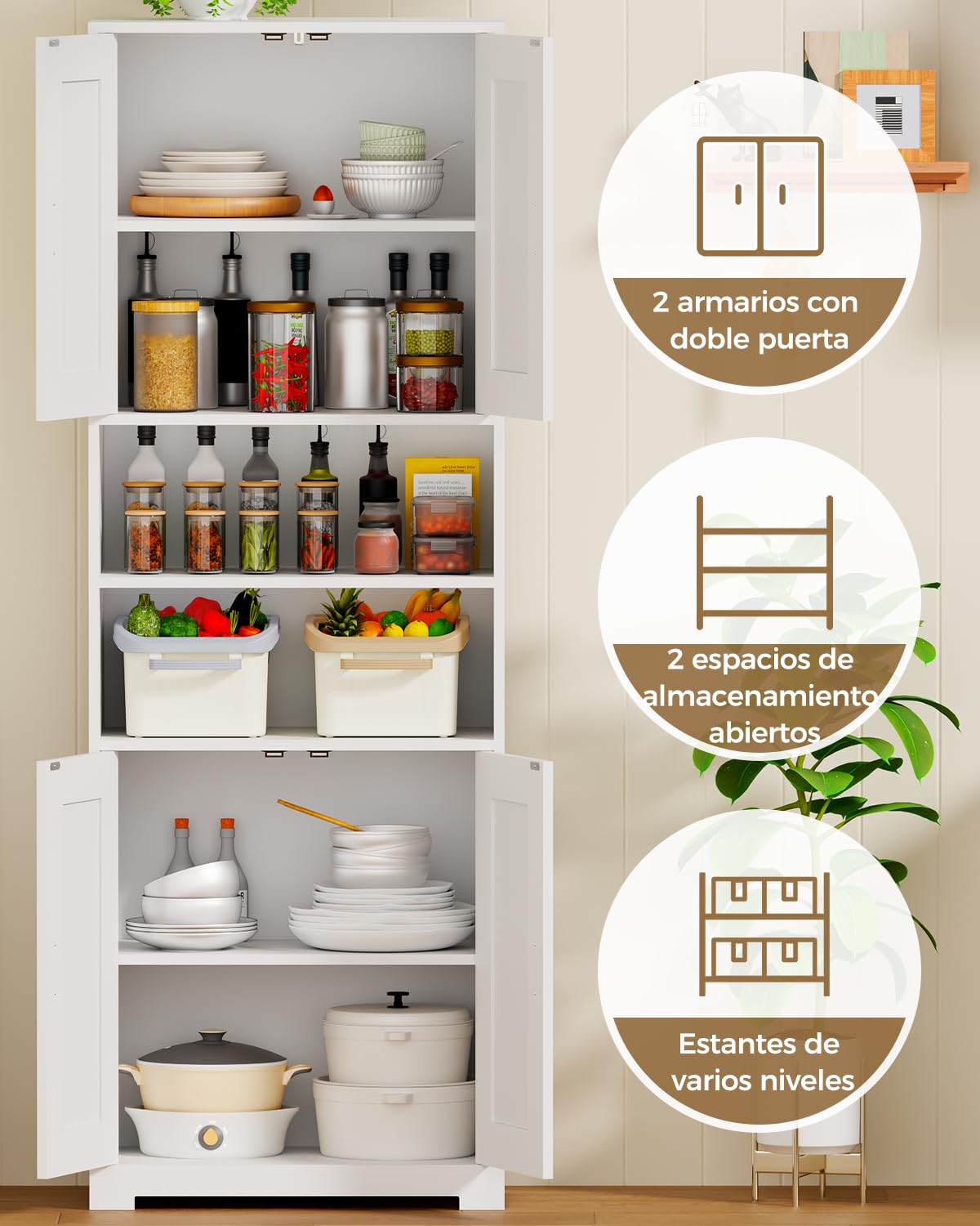BEWISHOME Mueble Columna de Baño, Armario Alto de Baño, Mueble Auxiliar de Almacenaje con Estante Ajustable, Kit Antivuelco, para Cocina, Salón, de Moderno 30x60x170 cm Blanco EYYG09W