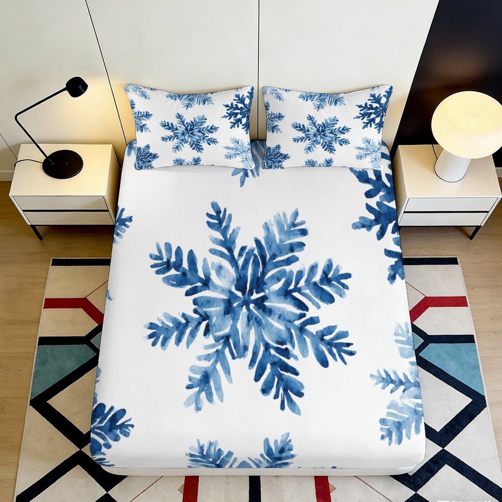 3D Printed Blue Leaf Fitted Sheet Microfiber Deep Pocket Non-Slip Full Wrap Bedroom Bedding Blue Leaf Mattress Fitted Cover 200x200x25cm