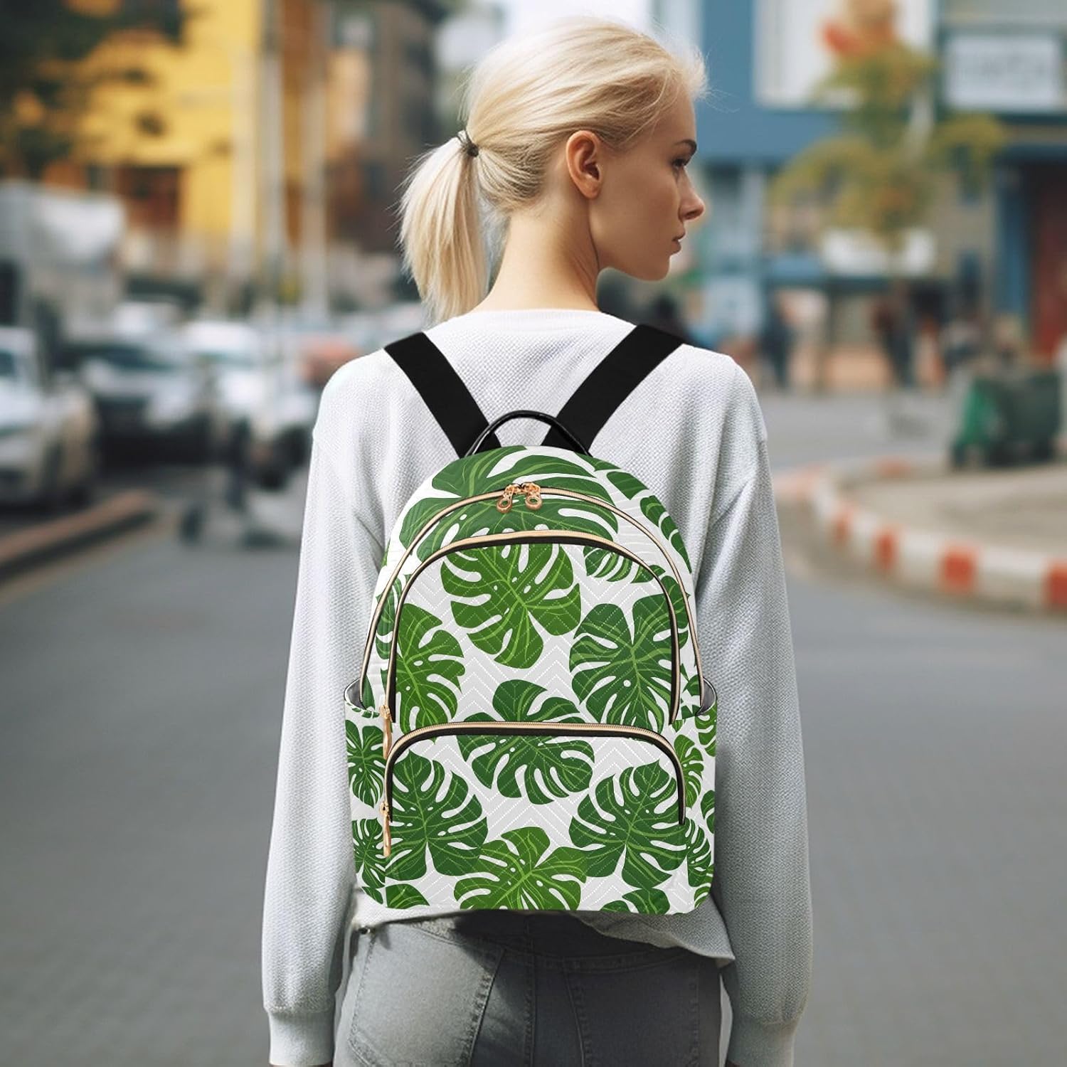 ALAZA Tropical Palm Monstera Leaf Small Backpack Purse for Women Travel Bag Lightweight Shoulder Bag Fashion Daypack