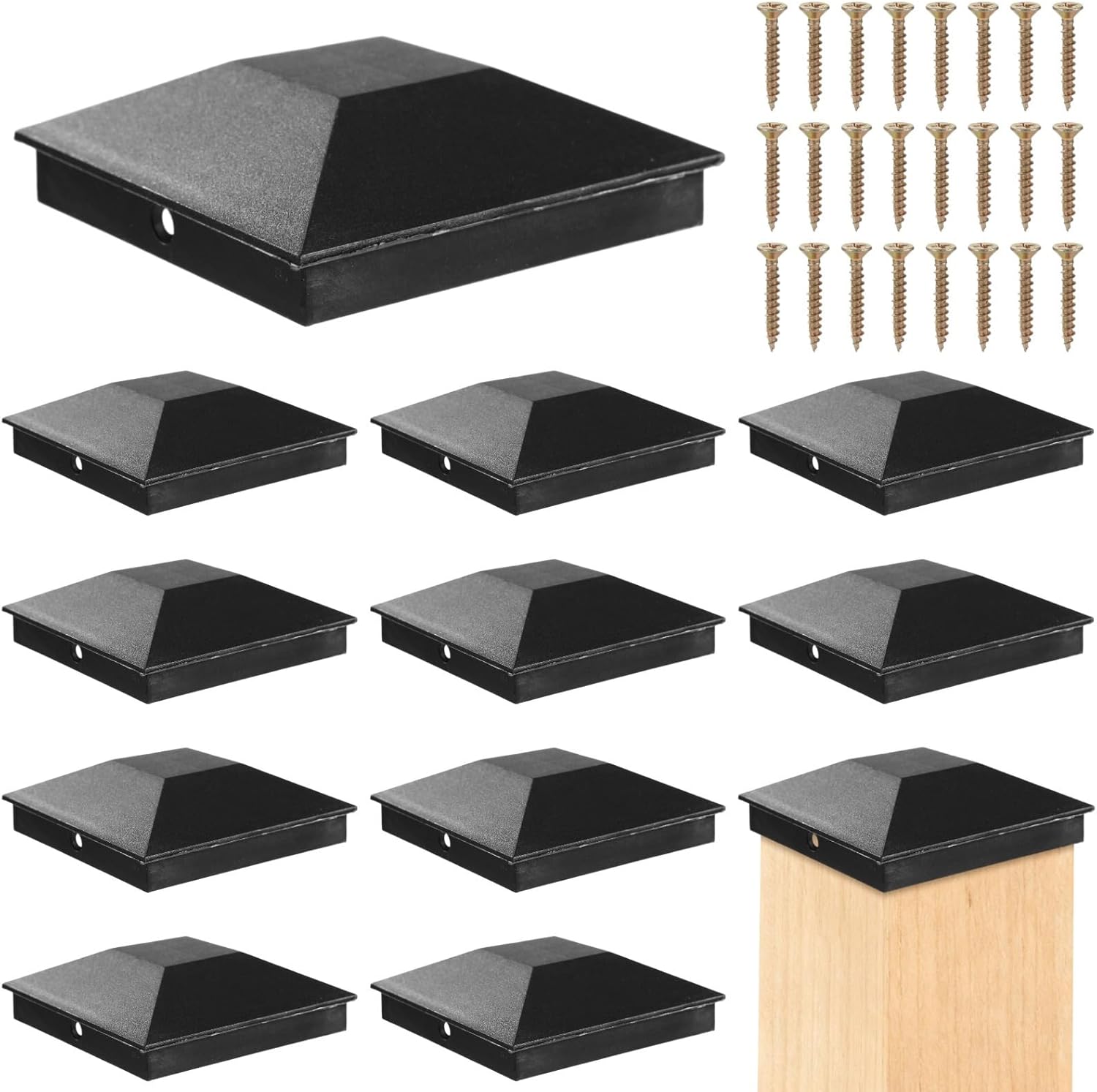 12 Pcs Outdoor Fence Post Caps, Waterproof for 4X4 (3.5X3.5) Posts, Wood/Vinyl Cover, Sunlight-Resistant, Includes Screws