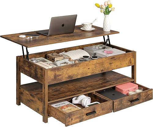 usikey Mesa auxiliar con 2 cajones de almacenamiento y estante abierto con compartimento oculto, mesa central de madera retro con mesa elevadora