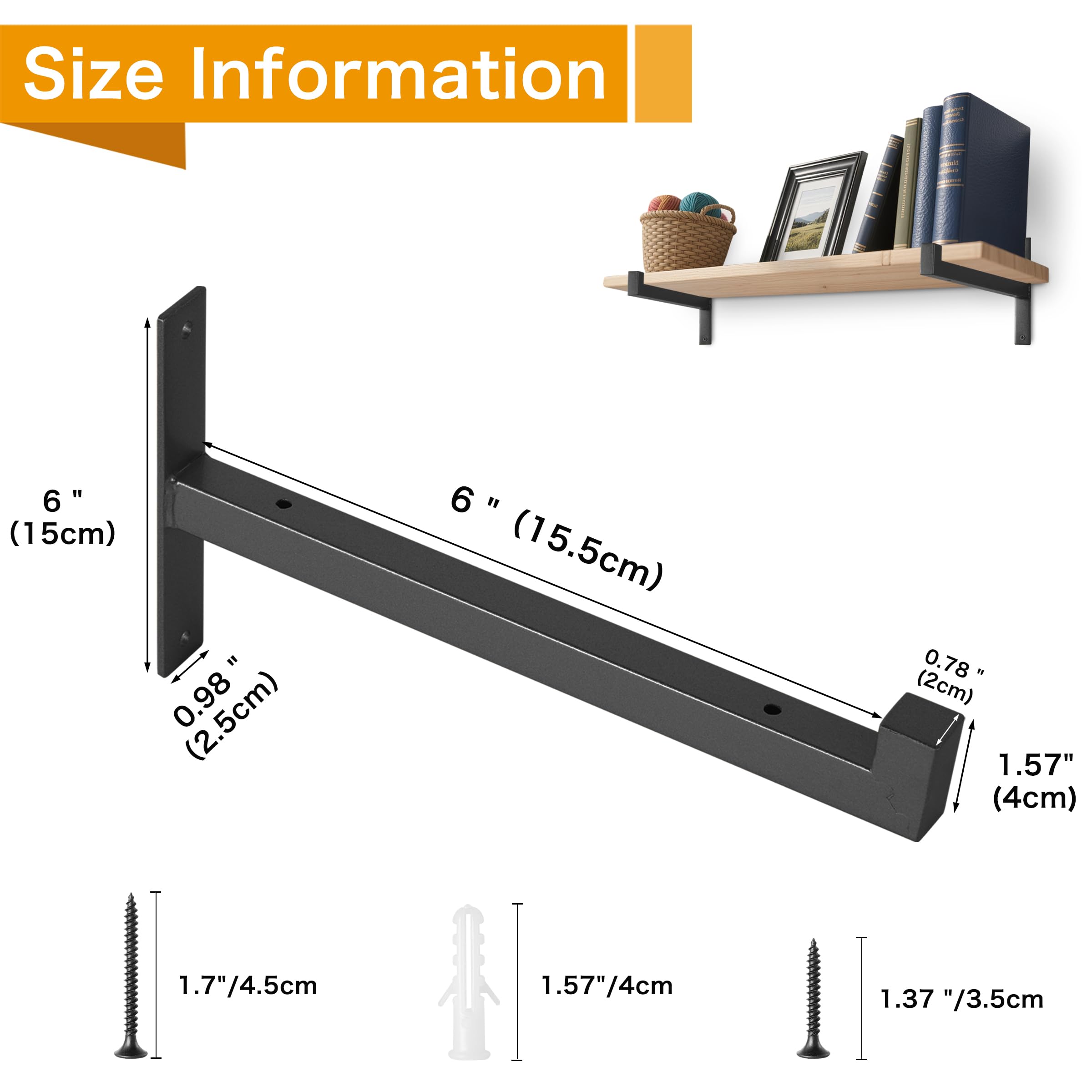 EZYDECOR Zestaw 6 wytrzymałych uchwytów ściennych 15,5 cm, industrialny metalowy styl z krawędzią