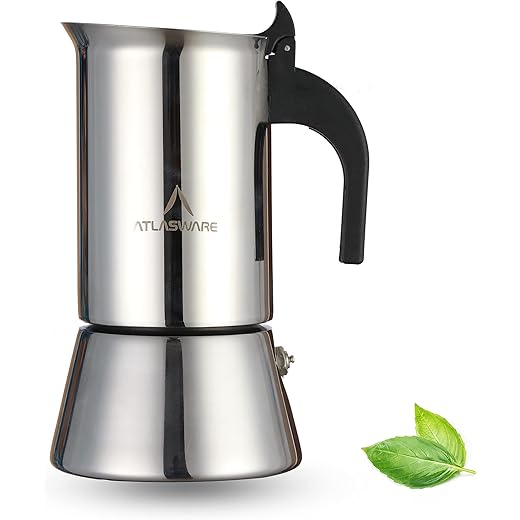 Atlasware Stainless Steel Mocha Design Coffee Maker | Induction, Gas, Hot Plate Compatible | Compact BPA Free Espresso Filter Coffee Black Tea Pot Percolator for Home, Kitchen, Travel (Silver, 6 Cup)
