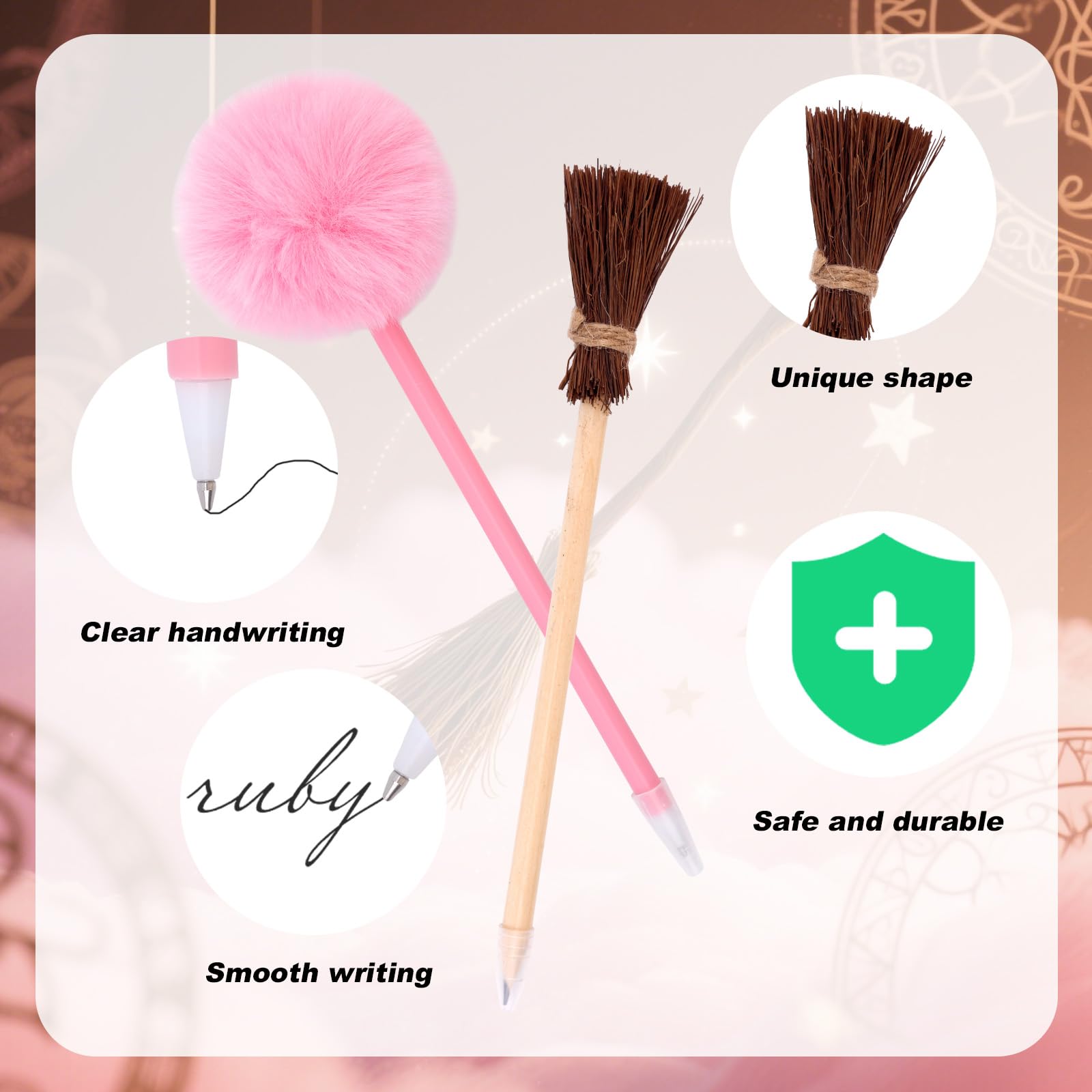 SAVITA Princess Party Favors, Include 10pcs Broom Pencils & 10pcs Pink Fluffy Pens for School Office Use Pink Pom Pom Ballpoint Pens & Wooden Broom Pencils Party Supplies for Adults Teens Kids - Image 4