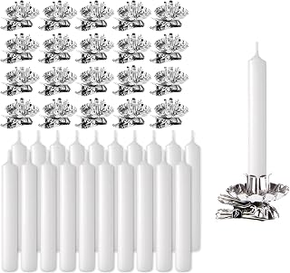 BRUBAKER Tree Candles with Tree Candle Holders - Pack of 20-3¾ x ½ Inches Candles White + Traditional Vintage Candle Holders with Clip Silver - Christmas Set