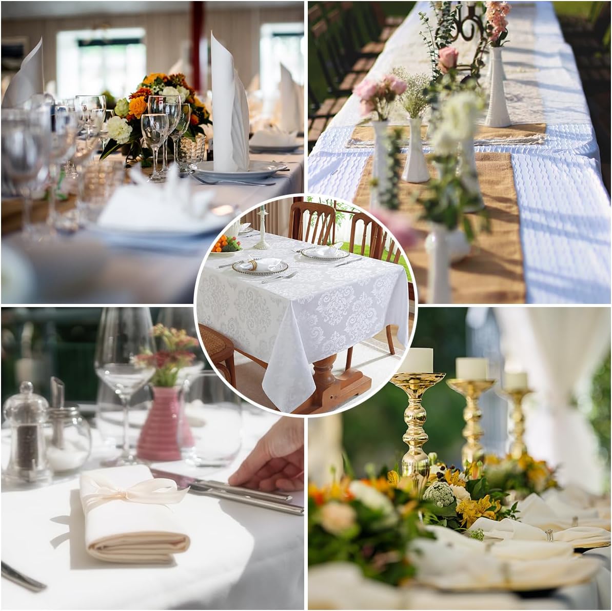 SASTYBALE Damask White Tablecloth Rectangle 60 x 102 Inch, Floral Jacquard Spill Proof Stain Resistant Polyester Table Cloth, Fabric Table Cover for Dining/Party/Indoor/Outdoor, Oblong 8-10 Seats