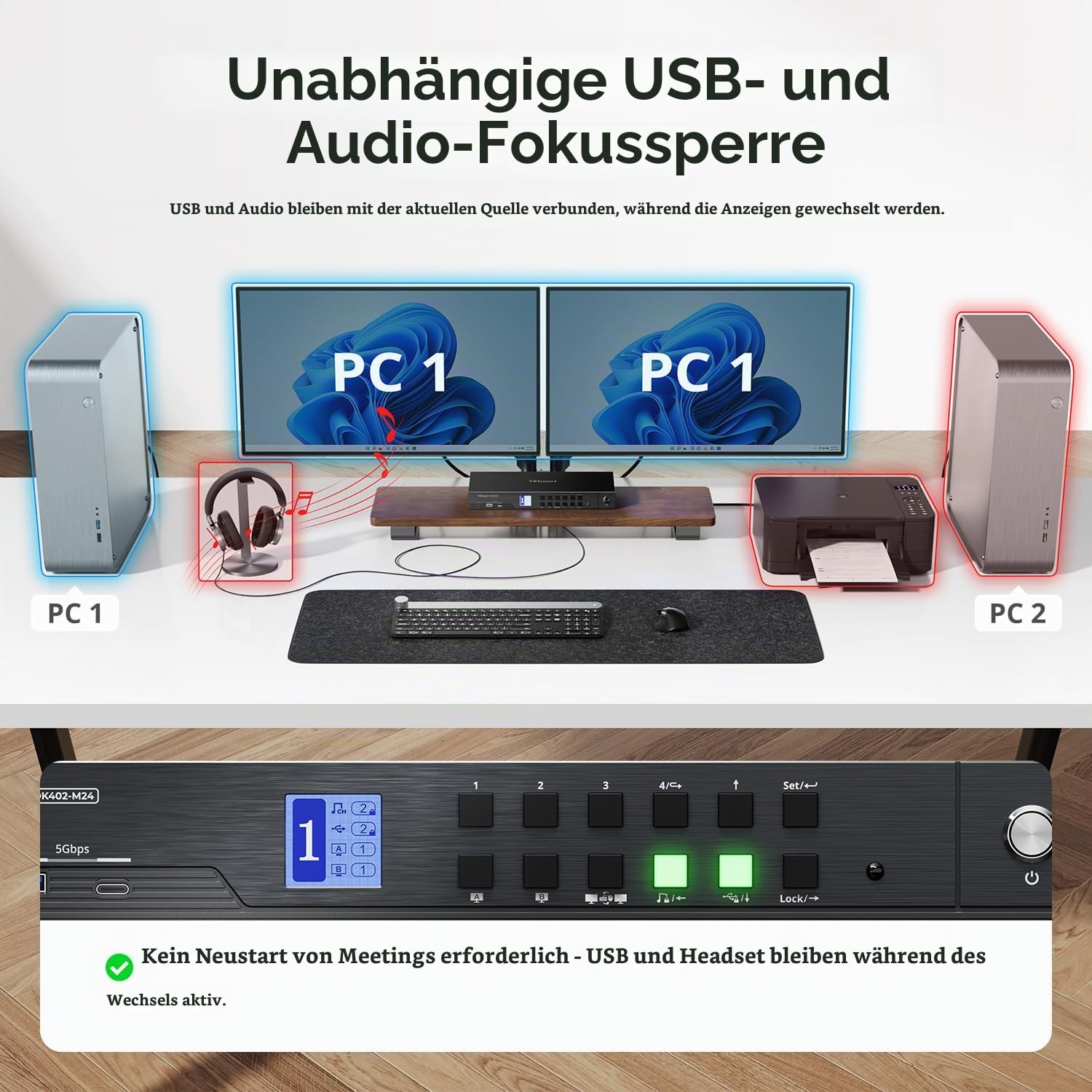 TESmart HDMI Displayport KVM Switch 4 PC 2 Monitor, HDMI 2.1 & DP 1.4 KVM Umschalter, Dual Monitore 8K@60Hz 4K@144Hz, USB 3.0 Dock, Gigabit LAN, Hotkey-Steuerung, EDID, VRR, 8 Kabel, Neu-Version 2026