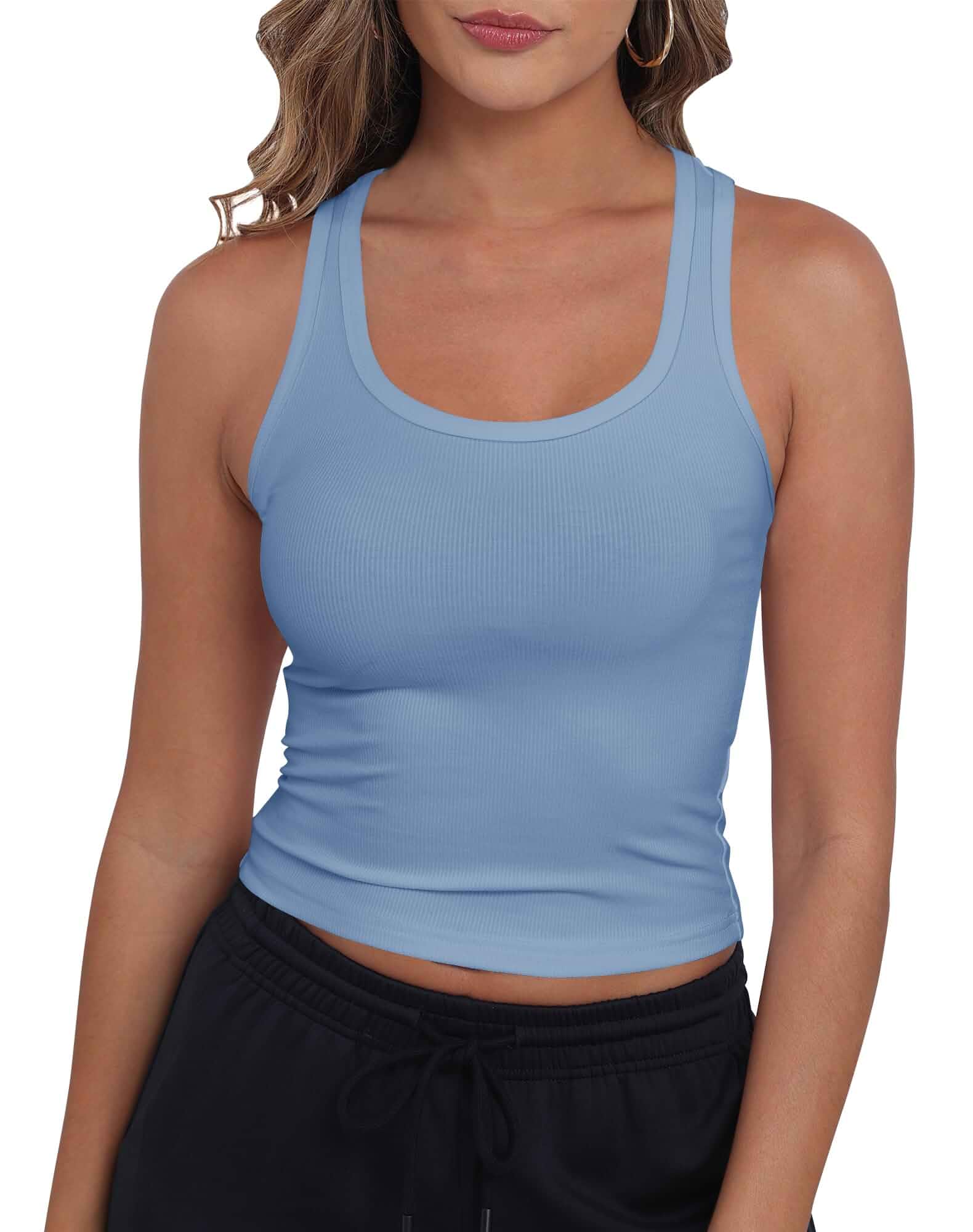 GEMBERA Women Sleeveless Scoop Neck Racerback Ribbed Knit Fitted Teen Basic Crop Tank Top Shirt Sleeveless · Fitted