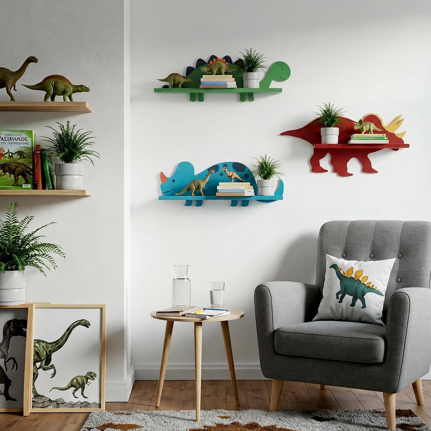Pinkunn 3 Pcs Dinosaur Wooden Wall Shelf Decorative Dinosaur Bookshelf Triceratops Iguanodon Stegosaurus Wall Shelf with Hanging Pegs Dino Nursery Decor for Boys Room, 3 Styles