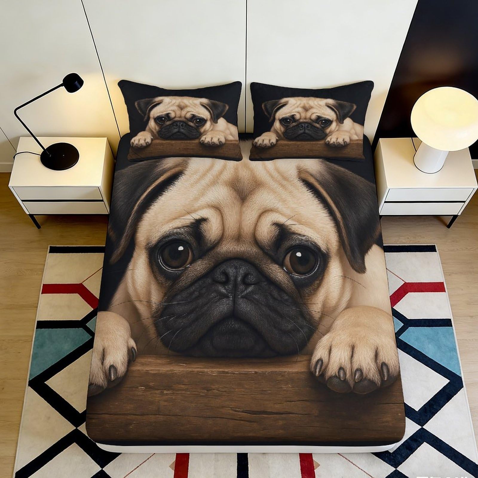 3D Printed Pug Dog Fitted Sheet Microfiber Soft Breathable Pet Portrait Bed Cover for Bedroom Guest Room Decor 90x200x25cm