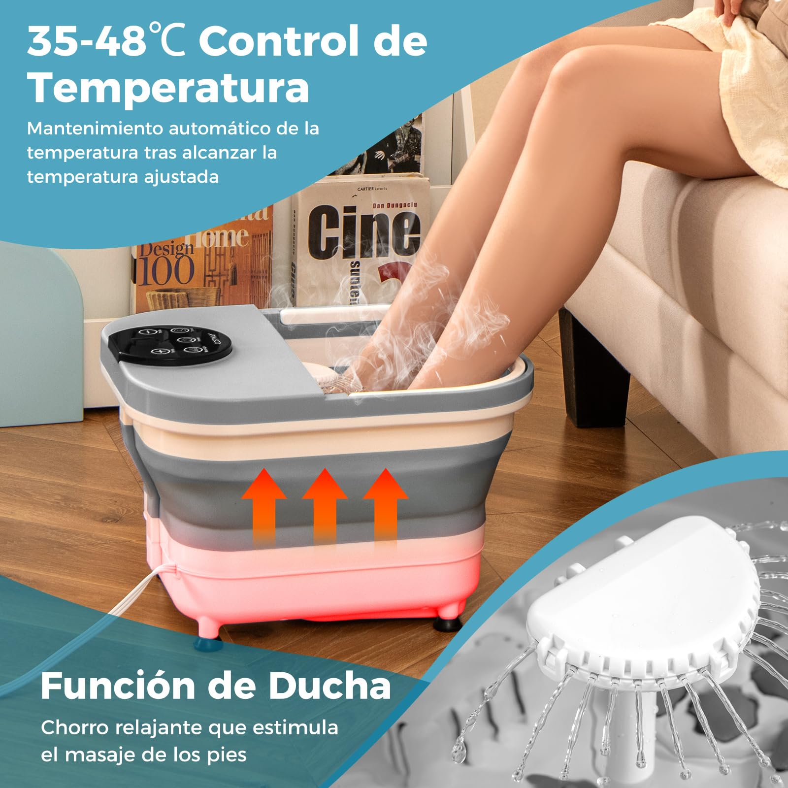 COSTWAY Masajeador de Pies Plegable con Calor, Ducha y Temporizador, Baño de Pies con 30 Bolas de Masaje Shiatsu Motorizadas, Temperatura 35-48℃, Pediluvio para Alivio del Estrés de los Pies