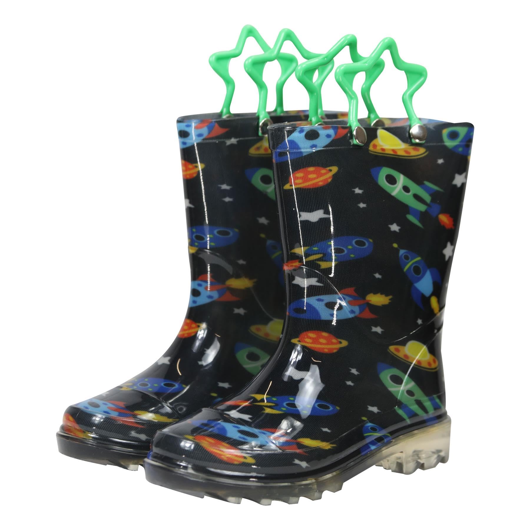 Boys Girls Wellington Boots Kid Space Rocket Wellies PVC Waterproof Star Handle Non Slip Outdoor Muddy School Rain Shoes Sizes Children UK 4 to 2 UK