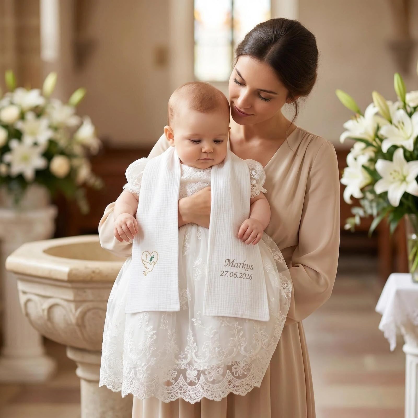 XIAOMA Écharpe de Baptême Personnalisée Bébé avec Broderie Prénom et Date – Étole Baptême en Double Gaze de Coton – Cadeau Baptême Garçon Fille avec Coffret Cadeau – Fabrication sous 48h
