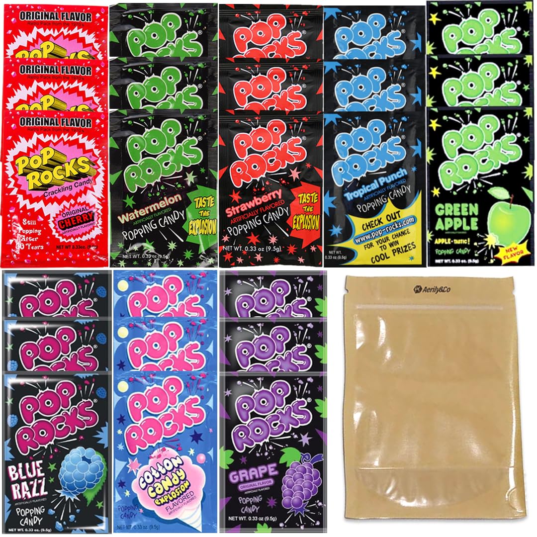 Popping Candy Variety Pack. 24 count, 0.33 Oz Crackling Pop Rocks Candy and Aerily&Co Resealable Candy Pouch! Three Each of Eight Fruity Flavors. Taste the Fun of 24 Assorted Fruity Flavored Candy.