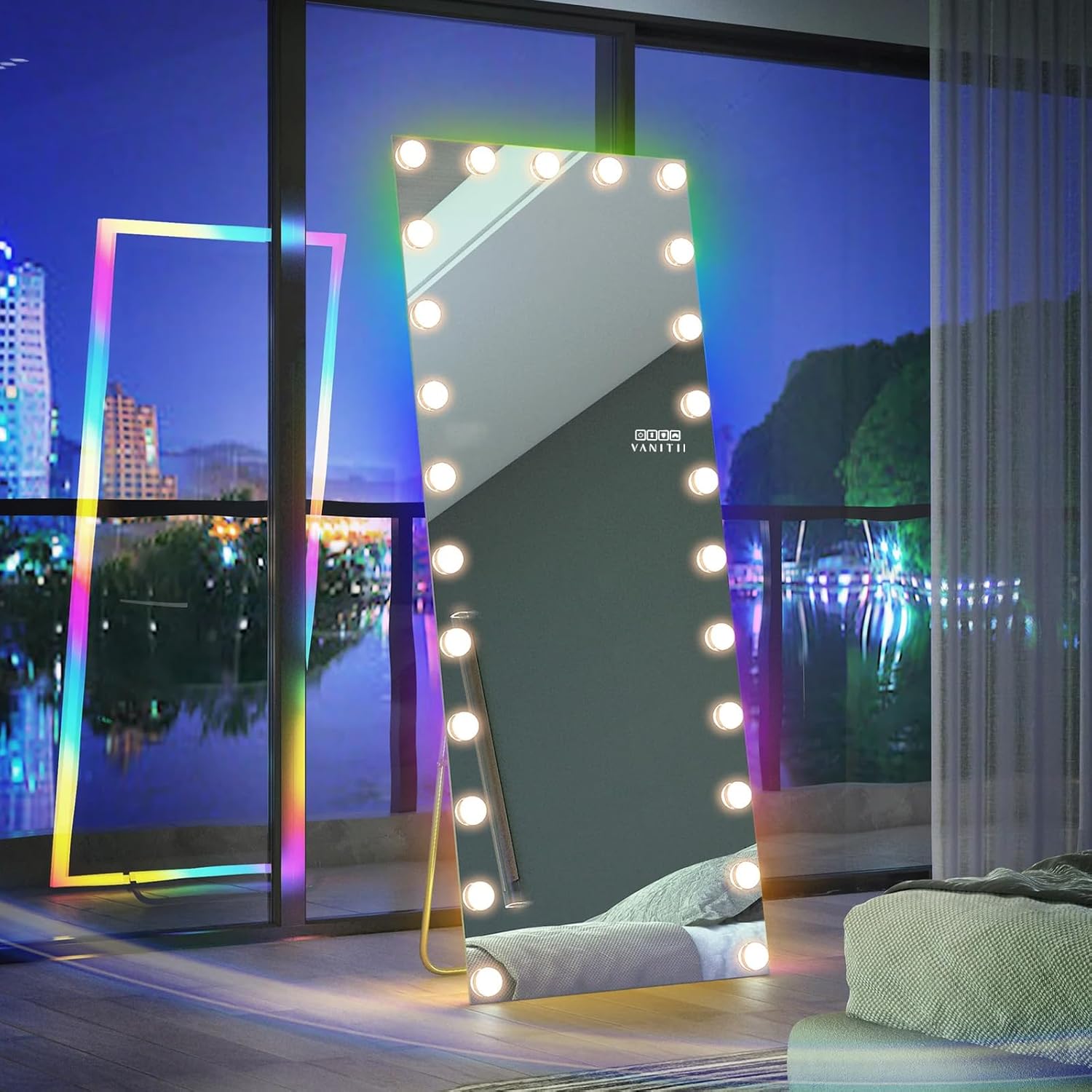 VANITII 63"X 25" Full Length Mirror with Bulbs Lights Tempered Glass RGB Light Strip Full Body Mirror Floor Mirror with 22 LED Bulbs 3 Colors Dimmable Light