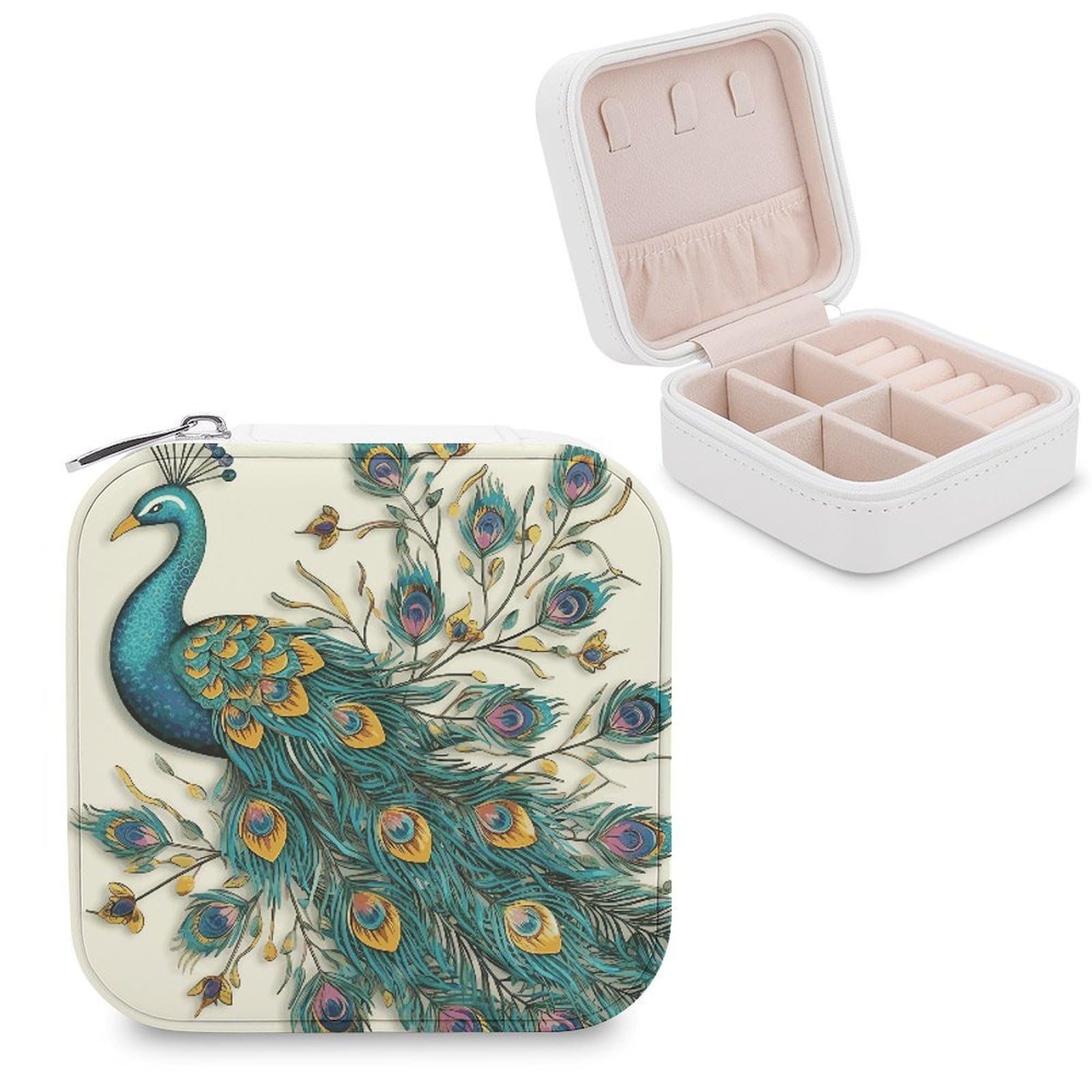 VstaDank Peacock Pattern Jewelry Box Portable Mini Travel Case Display Storage Holder Boxes PU Leather Small Jewelry Organizer for Women for Stud Earrings Rings Necklaces Bracelets