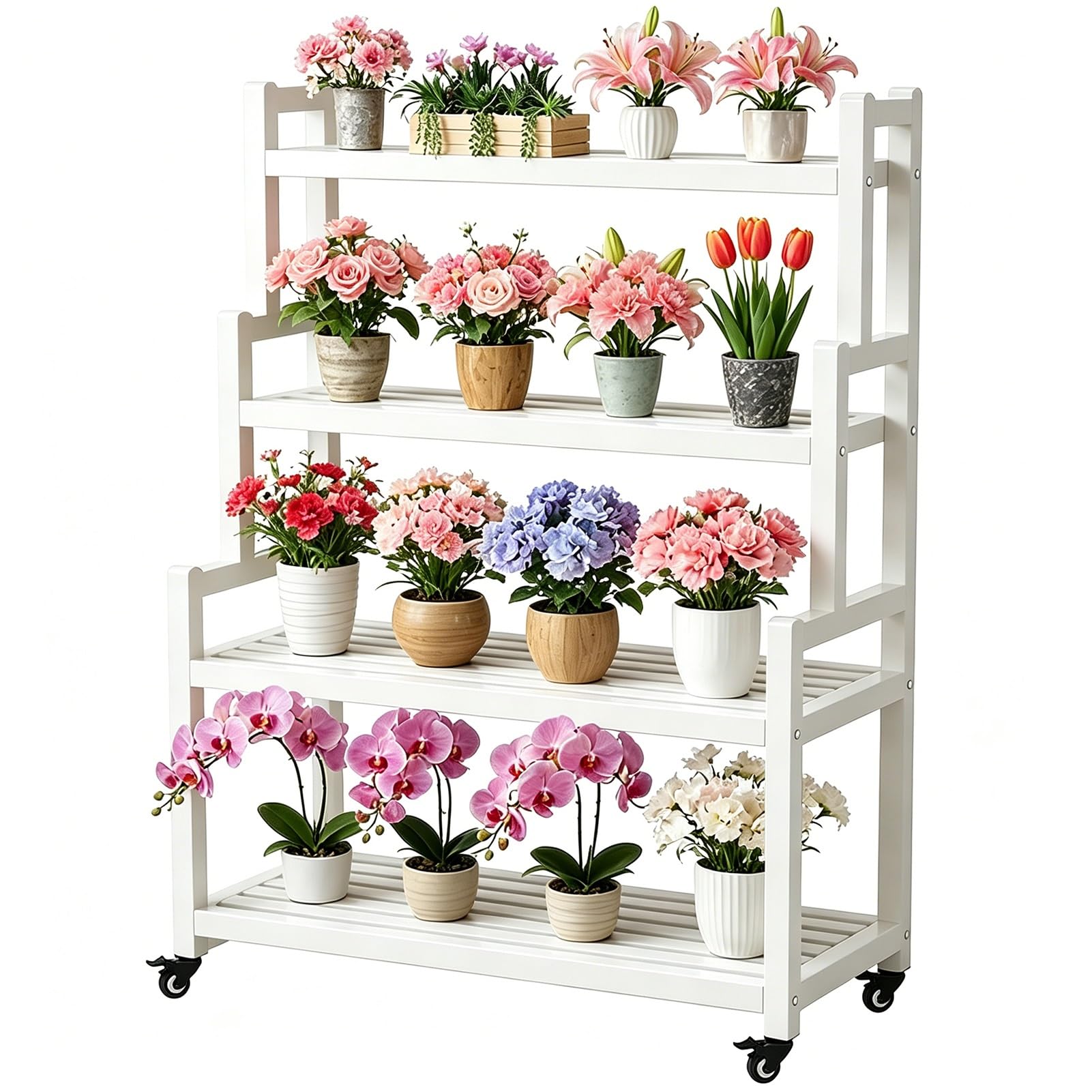 DMCHENGMA Multi-layer Plant Stand,White Metal Iron 4 Tier Flower Pot Holder Shelf w/Wheels and Brakes Multi-Purpose Storage Organizer Display Rack(100x40x145cm)