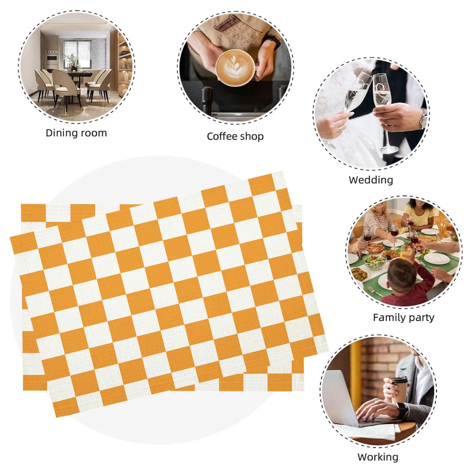 Set Di 8 Tovagliette Scacchiera Moderna In Lino, Arancione Bianco, 45X30Cm Con Stampa Di Illustrazione Geometrica, Resistenti Al Calore Antiscivolo Lavabili Per Sala Da Pranzo Cucina Feste