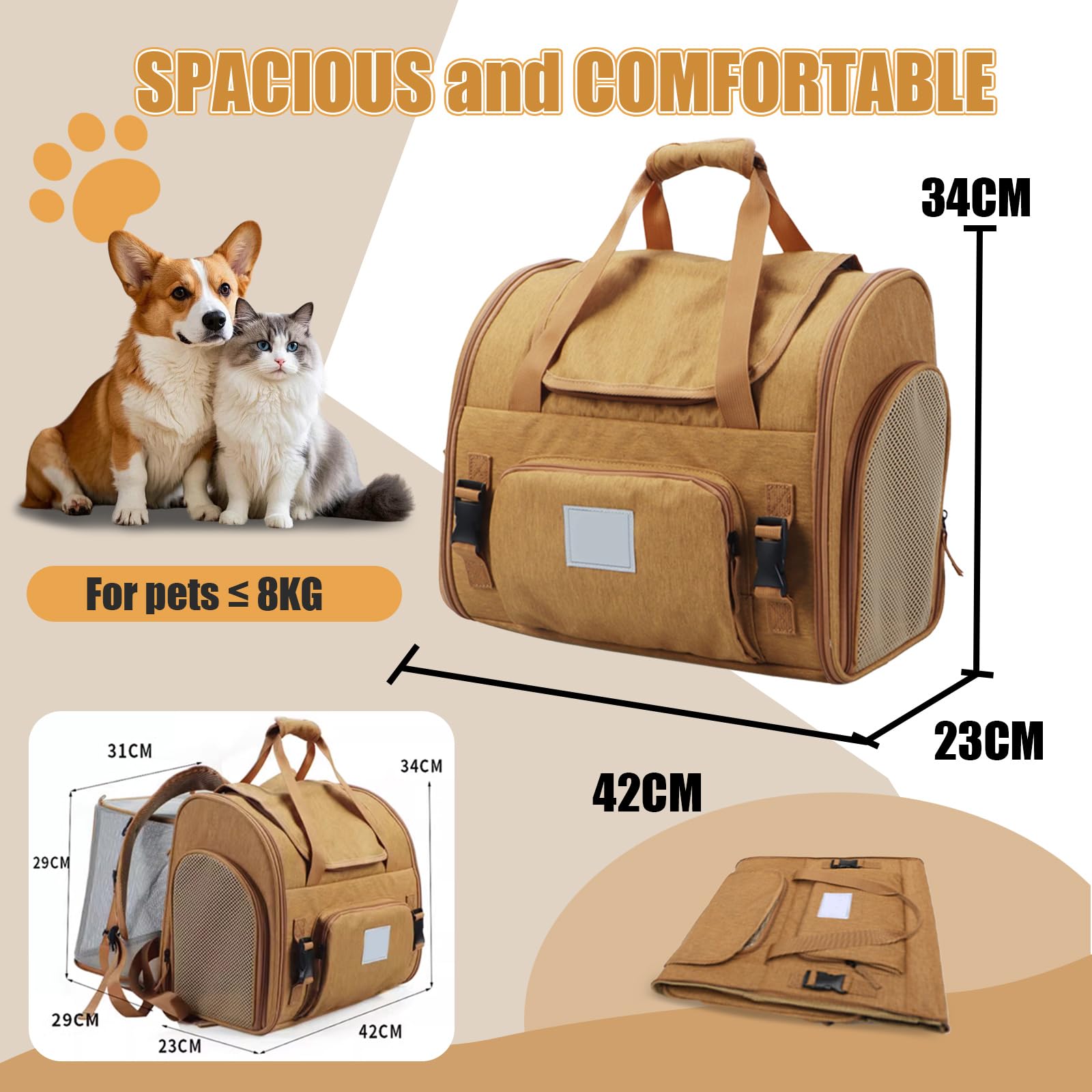 Zaino per Cani Gatti Estensibile, Trasportino Gatto Portatile, Traspirante Pieghevole con Guinzaglio di Sicurezza per Viaggi Escursioni Fino a 8 Kg