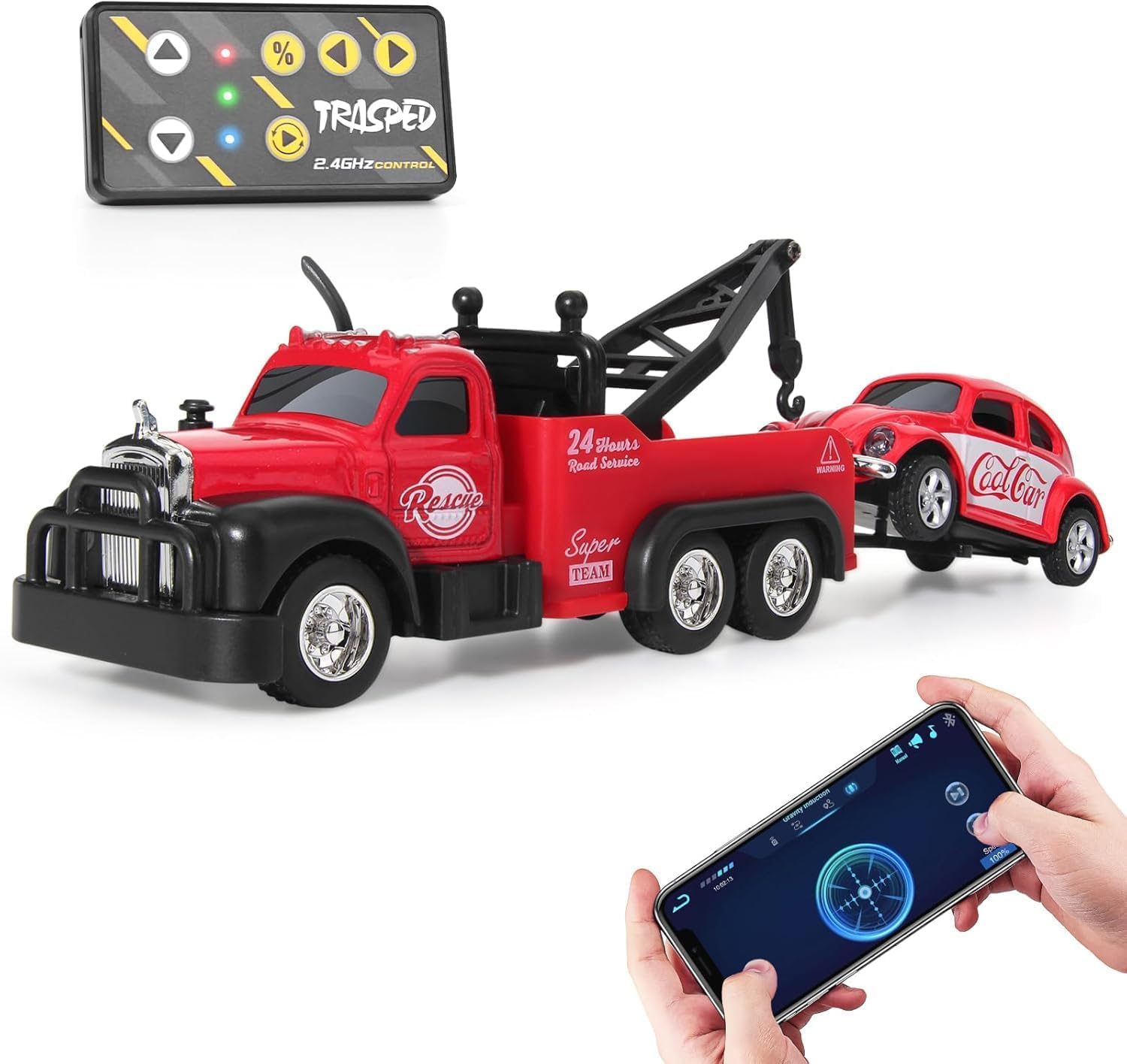 1:64 Scale Alloy RC Tow Truck with App & Remote Control | Metal Recovery Toy with Mini Car, 3 Speed Modes, Cruise Control & Rechargeable Battery | Random Colors (App Control Truck)-image-13