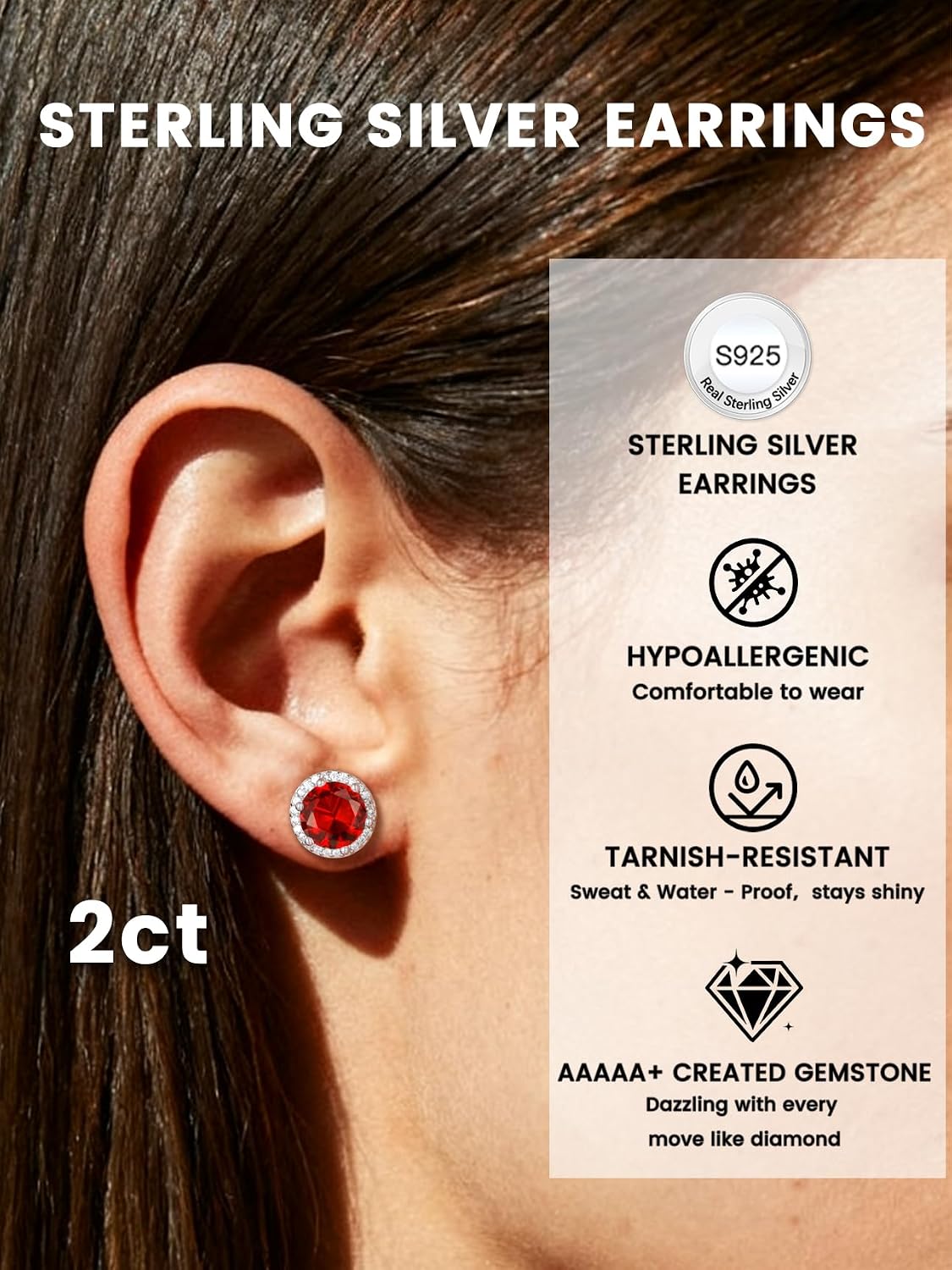 Bestyle Authentic 925 Sterling Silver 2 Carat Birthstone Earrings for Women, More Sparkle Heart/Round Solitaire Diamond Studs Earrings, Great Birthday/Christmas/Anniversary Jewelry for Wife Mother