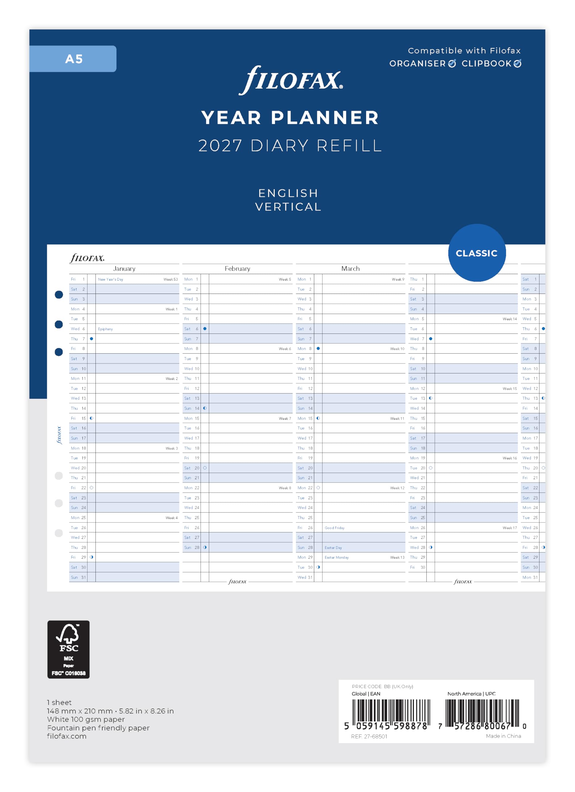 Filofax A5 Vertical Year Planner 2027