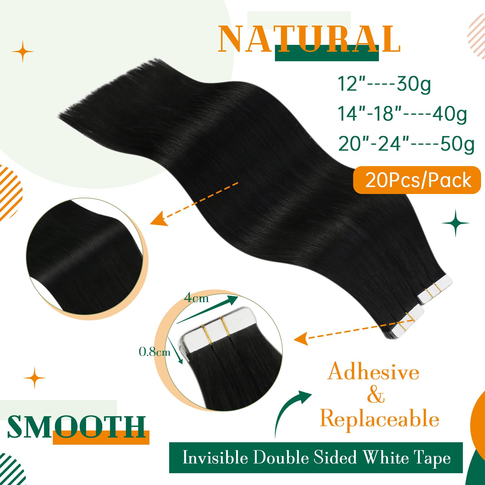 Easyouh Tape Extensions Human Hair Jet Black Tape in Hair Extensions Human Hair 18 Inch 40g 20Pcs Invisible Tape Hair Extensions Real Human Hair Black - Image 3